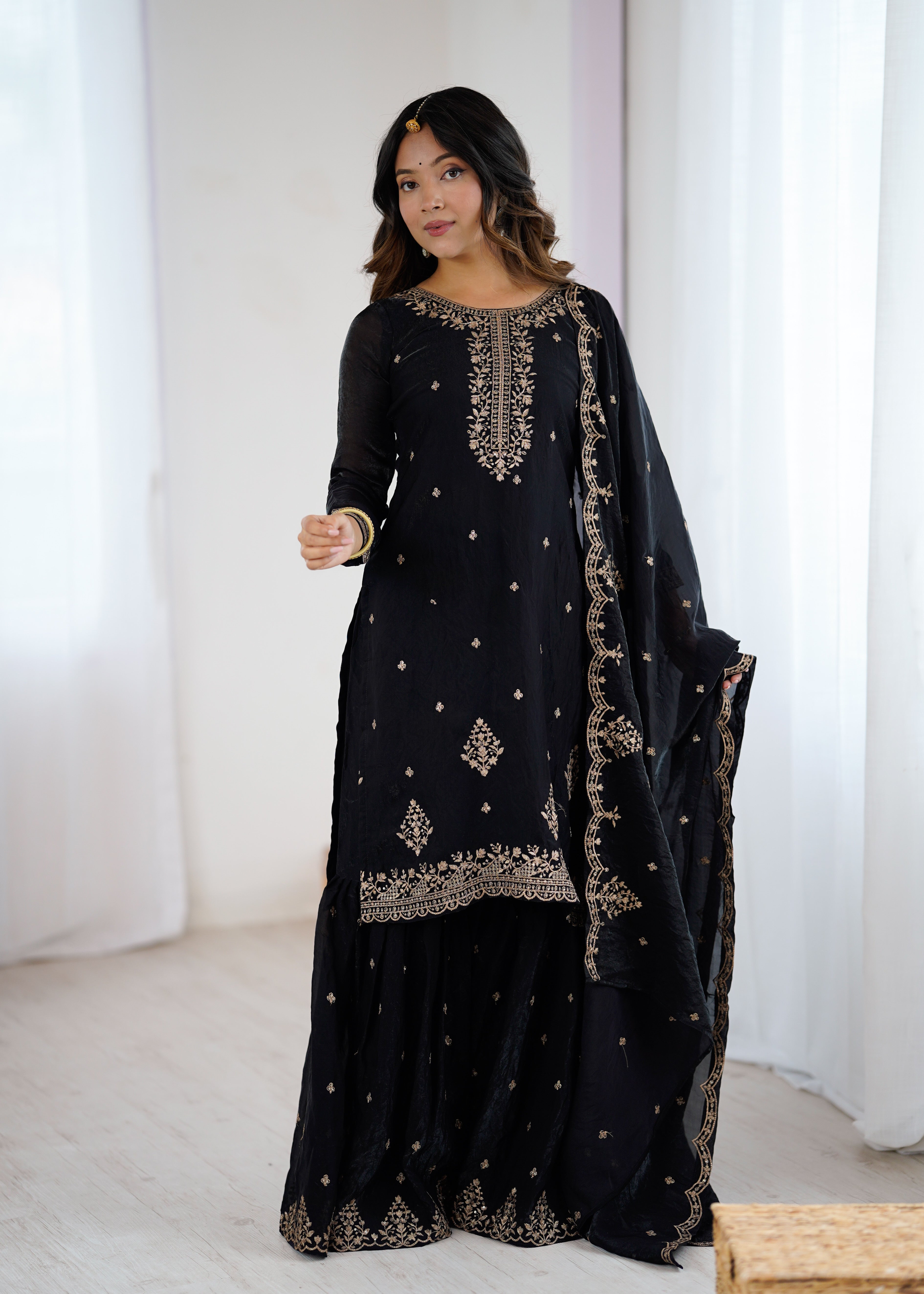 Black Crunchy Silk Embroidered Sharara Set with Dupatta