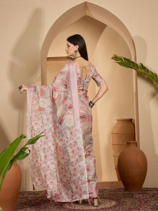 Off-White Pastel Pink & Grey Floral Digital Print Linen Cotton Saree with Designer Blouse – Soft Elegance by Jiprostore