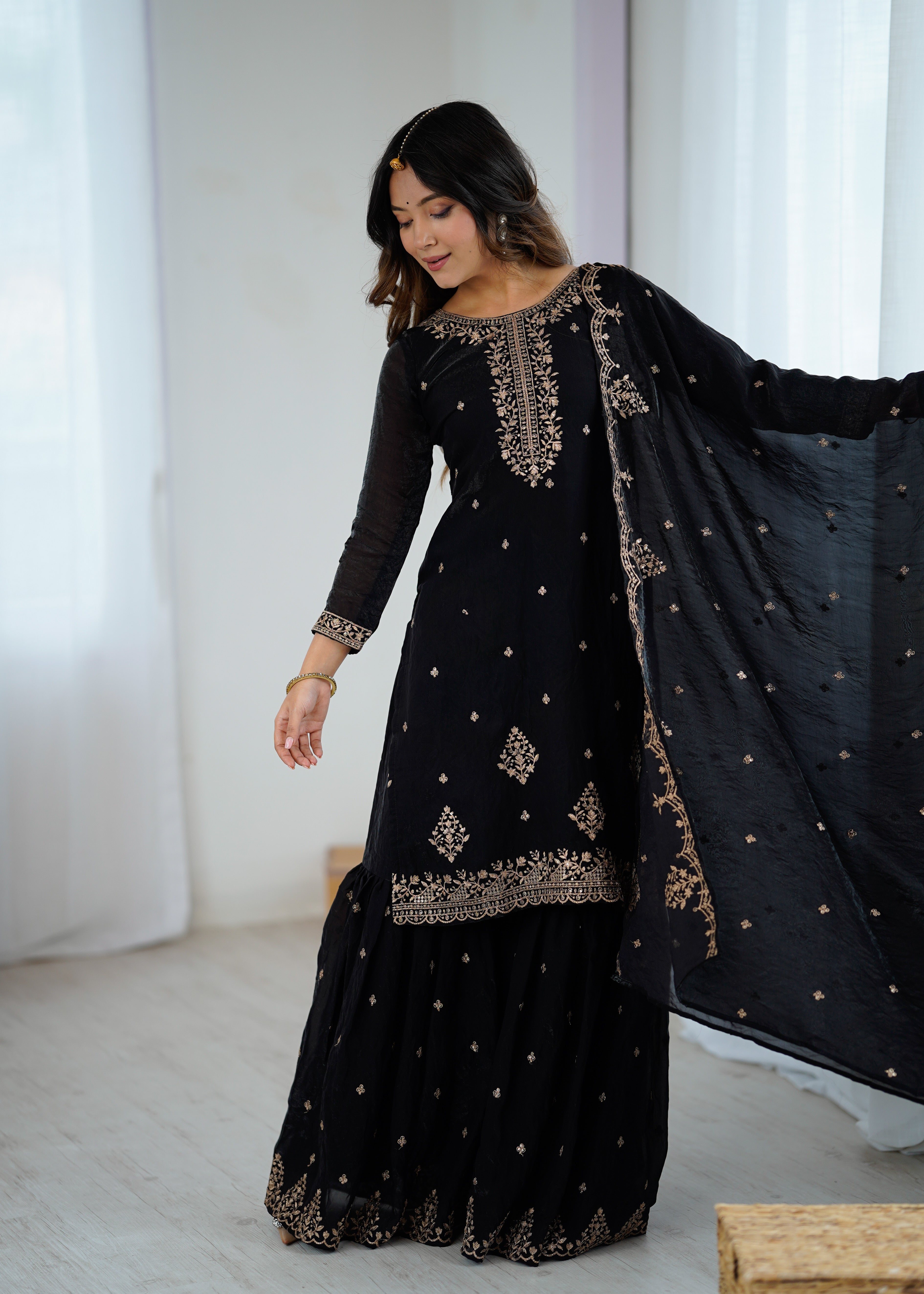 Black Crunchy Silk Embroidered Sharara Set with Dupatta