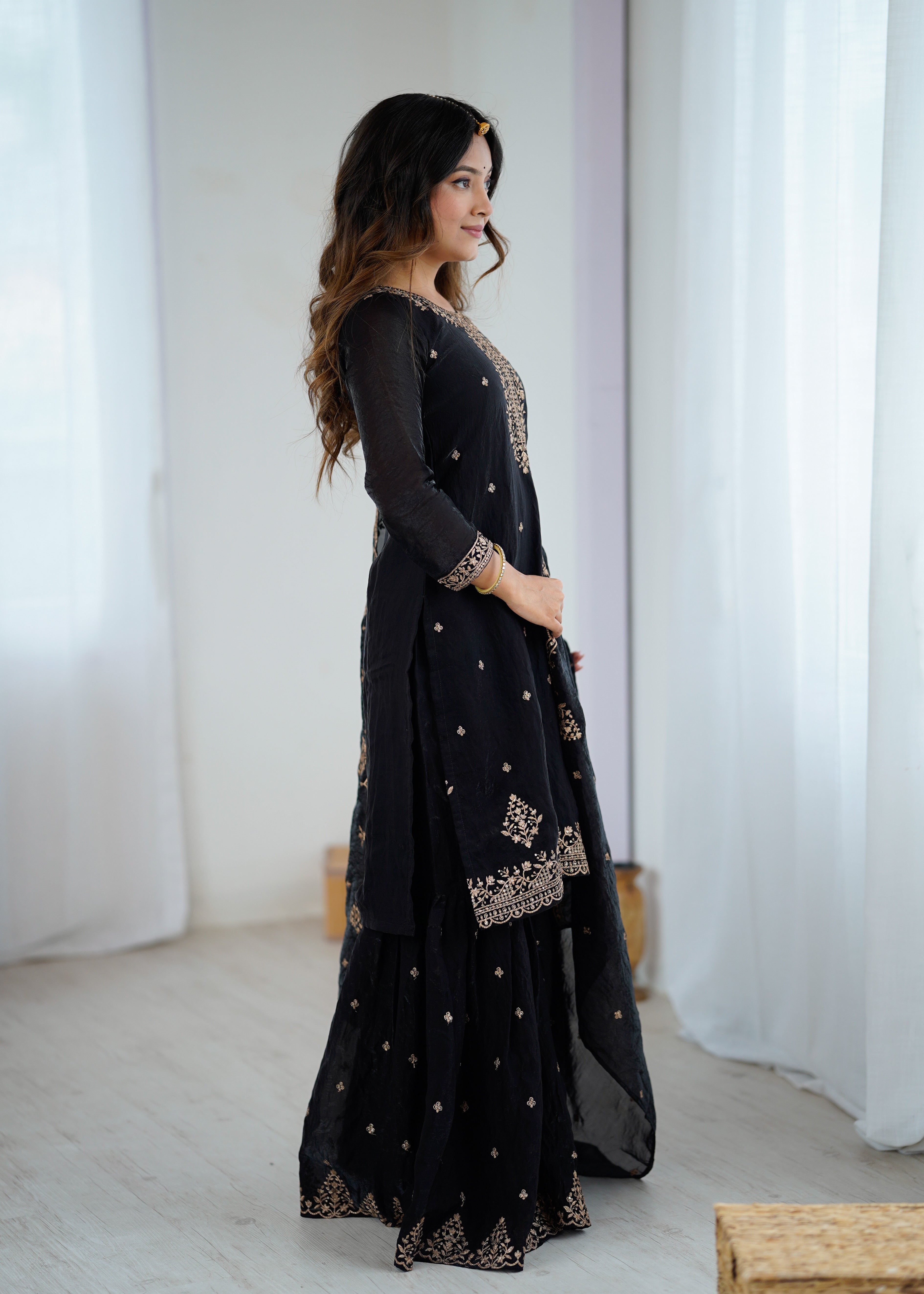 Black Crunchy Silk Embroidered Sharara Set with Dupatta