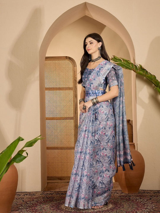 Misty Blue Floral Digital Print Linen Cotton Saree with Designer Blouse – Graceful Ethnic Elegance by Jiprostore