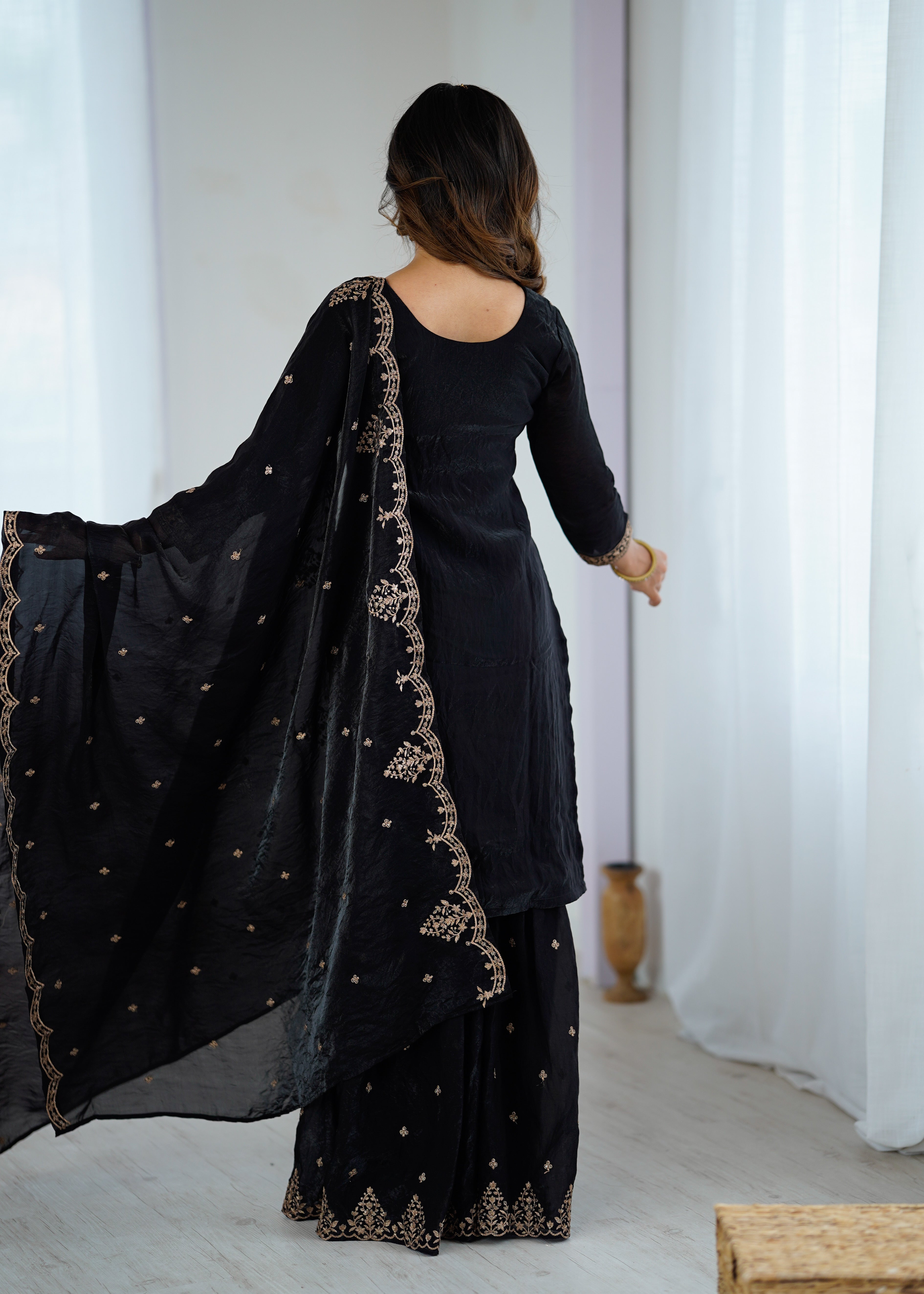 Black Crunchy Silk Embroidered Sharara Set with Dupatta