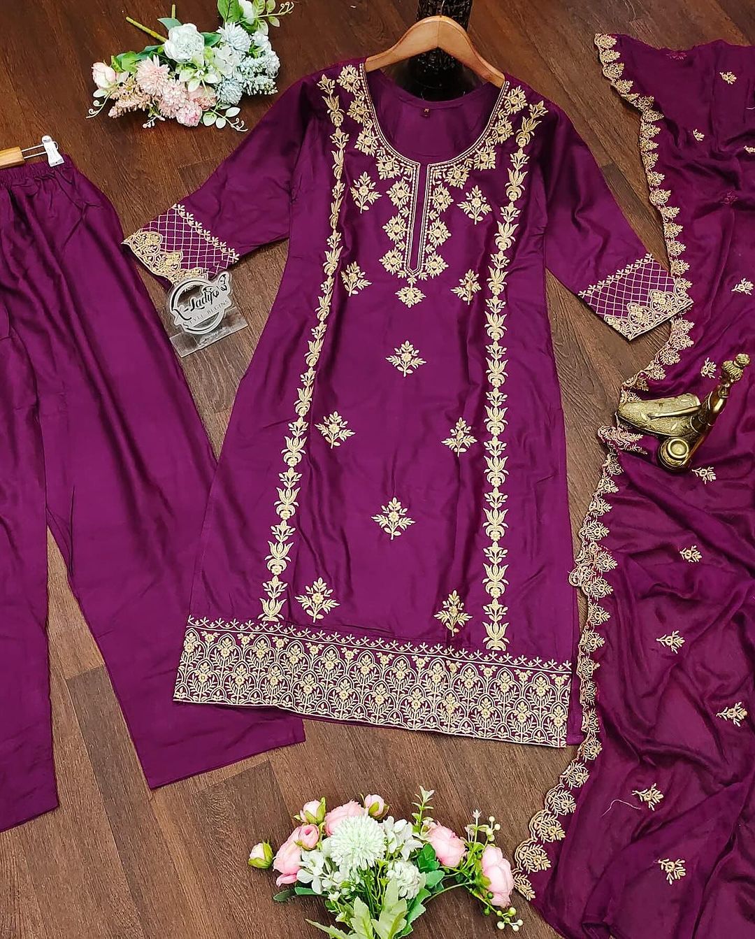 Embroidered Chikankari Rayon Top and Pant Set with Nazmin Dupatta