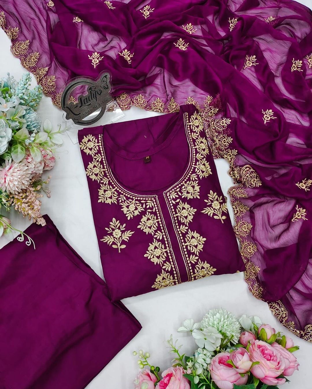 Embroidered Chikankari Rayon Top and Pant Set with Nazmin Dupatta