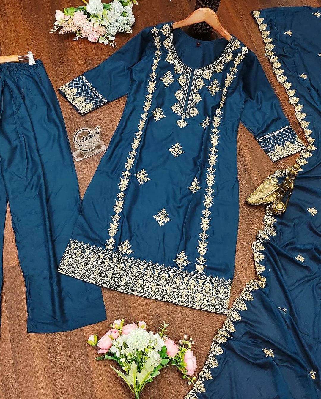 Embroidered Chikankari Rayon Top and Pant Set with Nazmin Dupatta