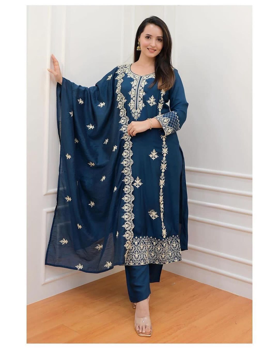 Embroidered Chikankari Rayon Top and Pant Set with Nazmin Dupatta