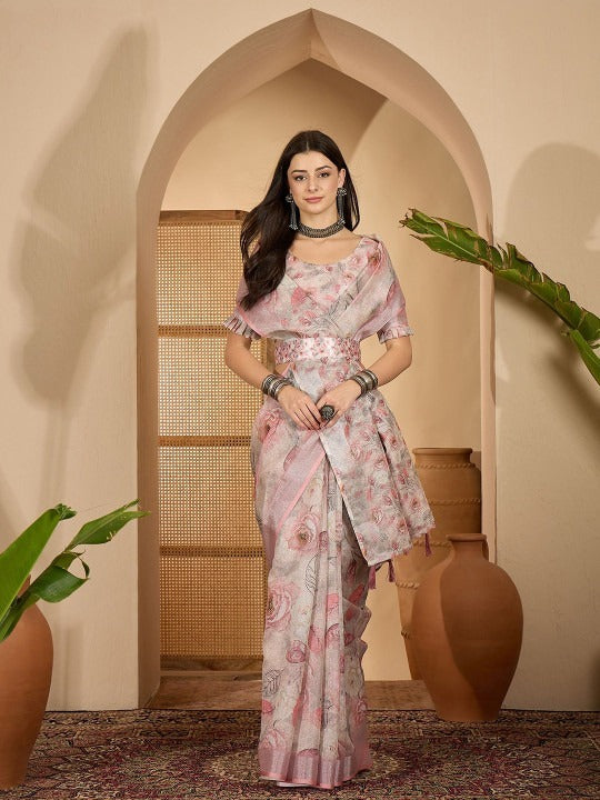 Off-White Pastel Pink & Grey Floral Digital Print Linen Cotton Saree with Designer Blouse – Soft Elegance by Jiprostore