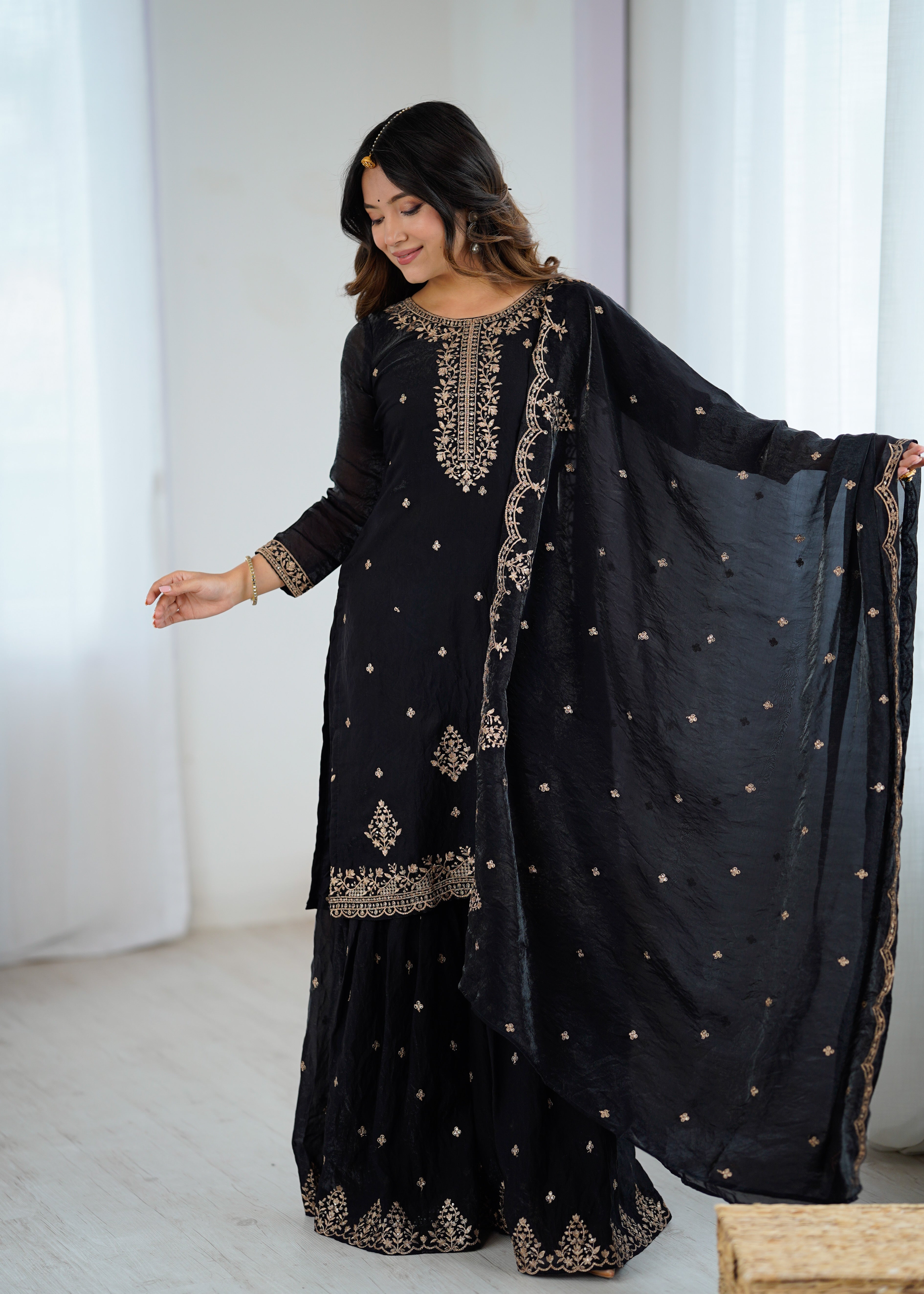 Black Crunchy Silk Embroidered Sharara Set with Dupatta