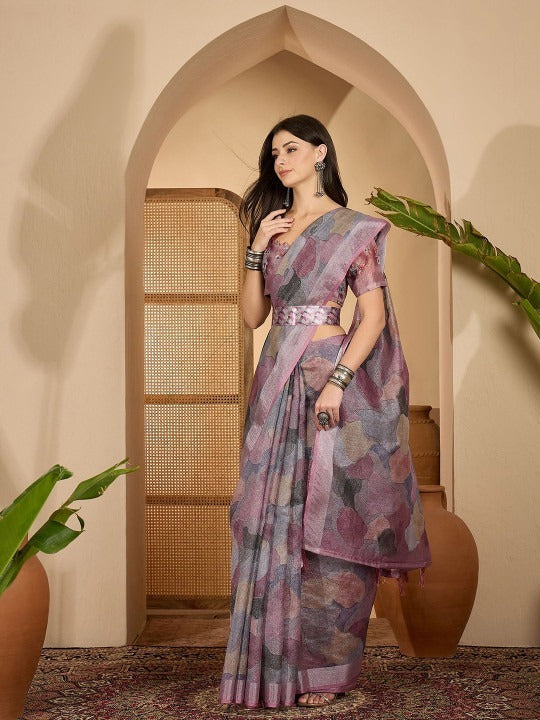 Lavender Leaf Digital Print Linen Cotton Saree with Designer Blouse – Elegant Festive Wear by Jiprostore