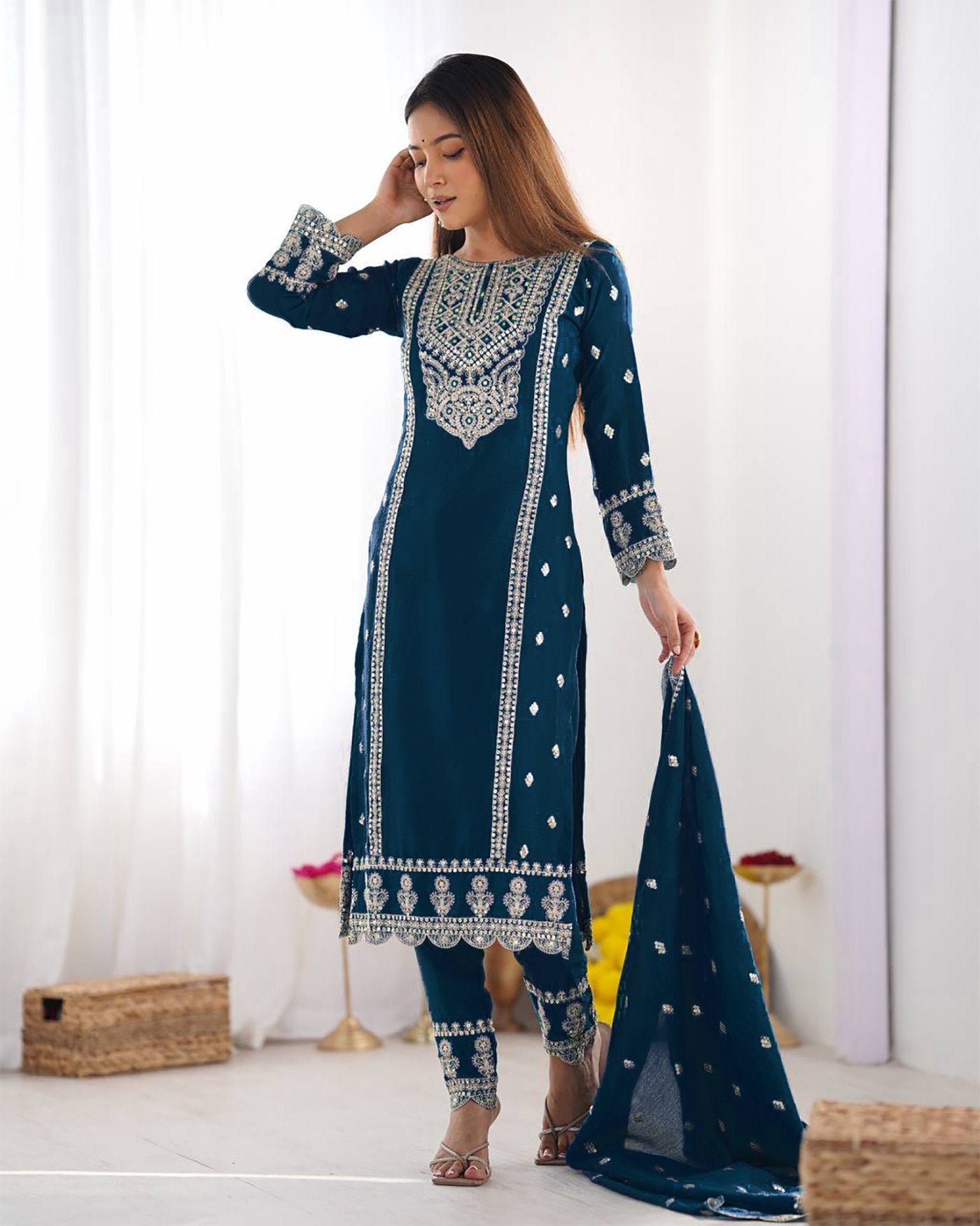 Cerulean Blue Embroidered Tesla Kurta Pant Set with Vichitra Dupatta – Elegant Festive Wear