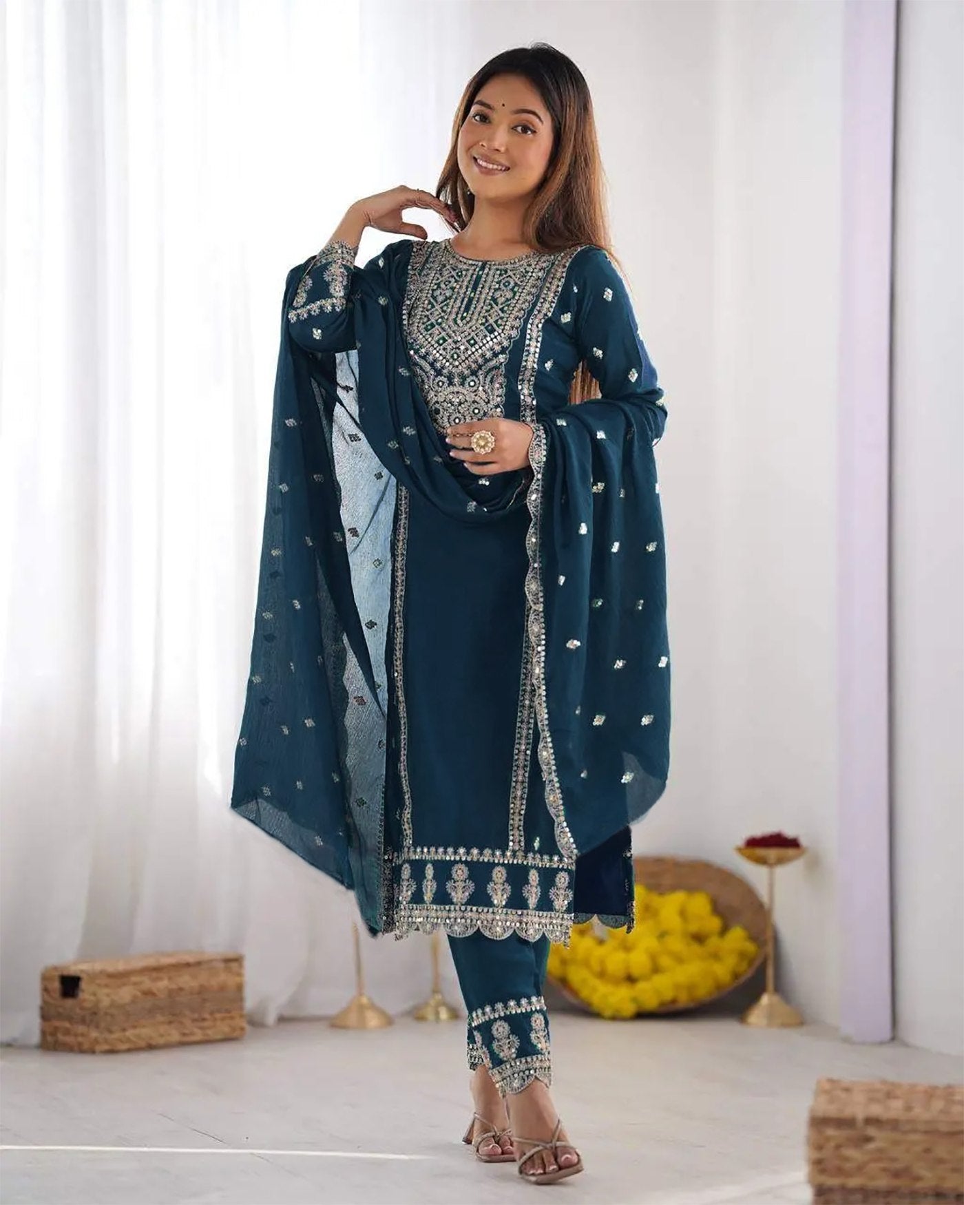 Cerulean Blue Embroidered Tesla Kurta Pant Set with Vichitra Dupatta – Elegant Festive Wear