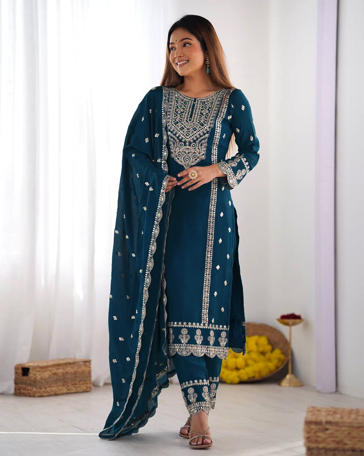 Cerulean Blue Embroidered Tesla Kurta Pant Set with Vichitra Dupatta – Elegant Festive Wear