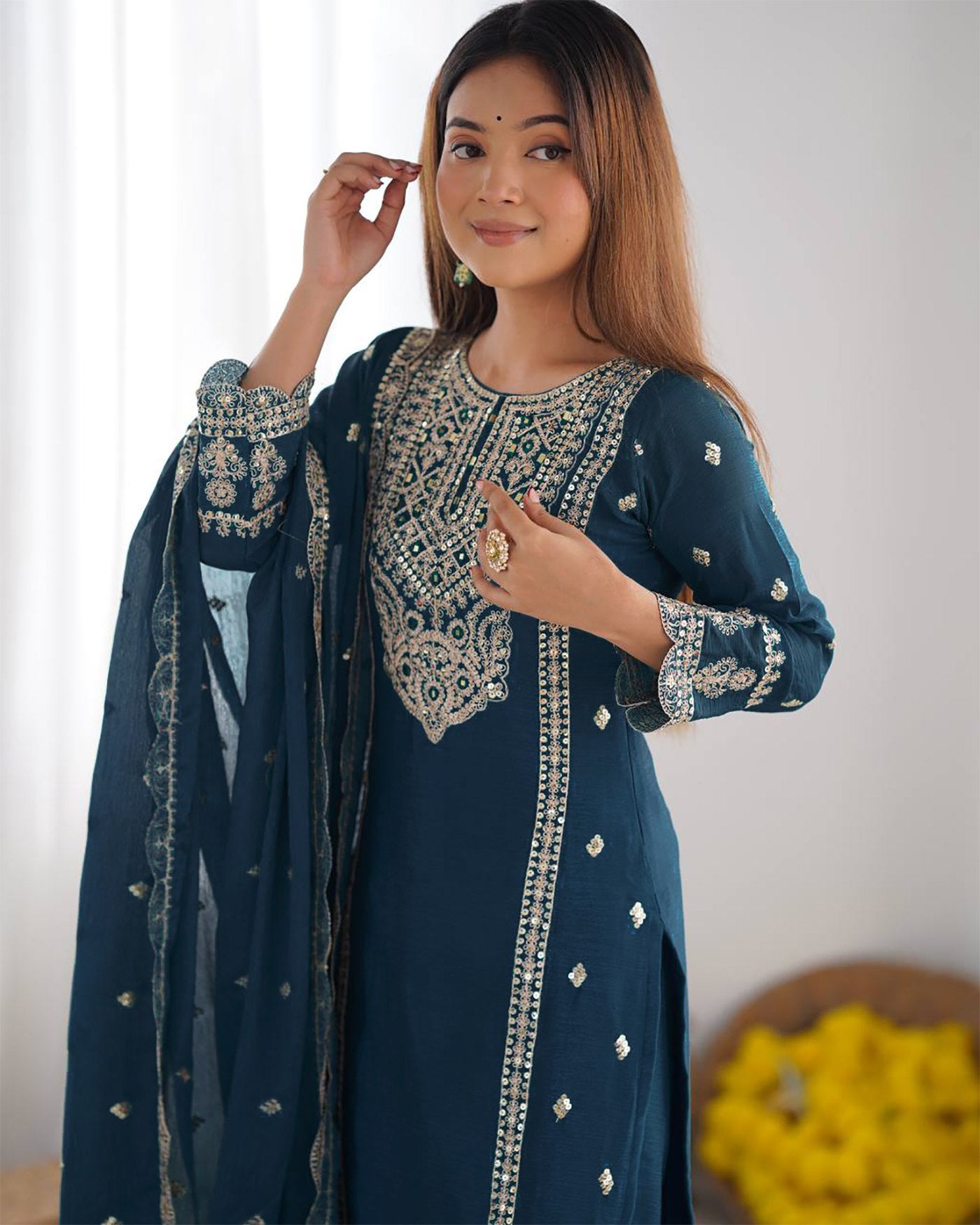Cerulean Blue Embroidered Tesla Kurta Pant Set with Vichitra Dupatta – Elegant Festive Wear