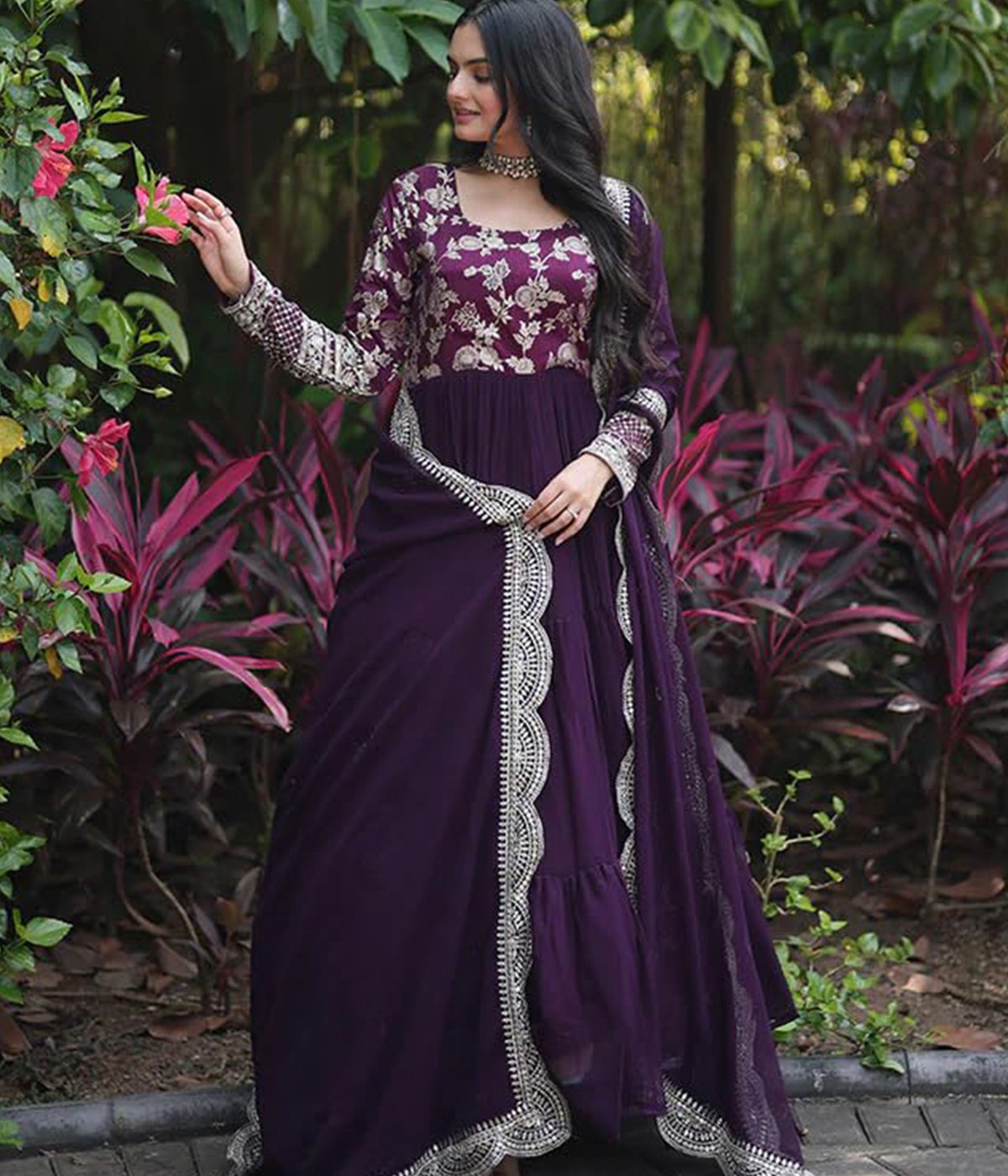 Purple Georgette & Art Silk Embroidered Anarkali Gown with Sequin Lace Dupatta