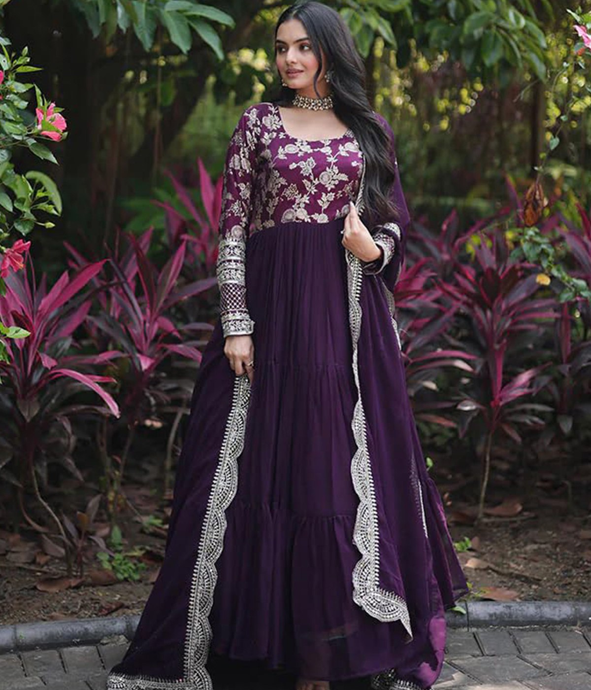 Purple Georgette & Art Silk Embroidered Anarkali Gown with Sequin Lace Dupatta