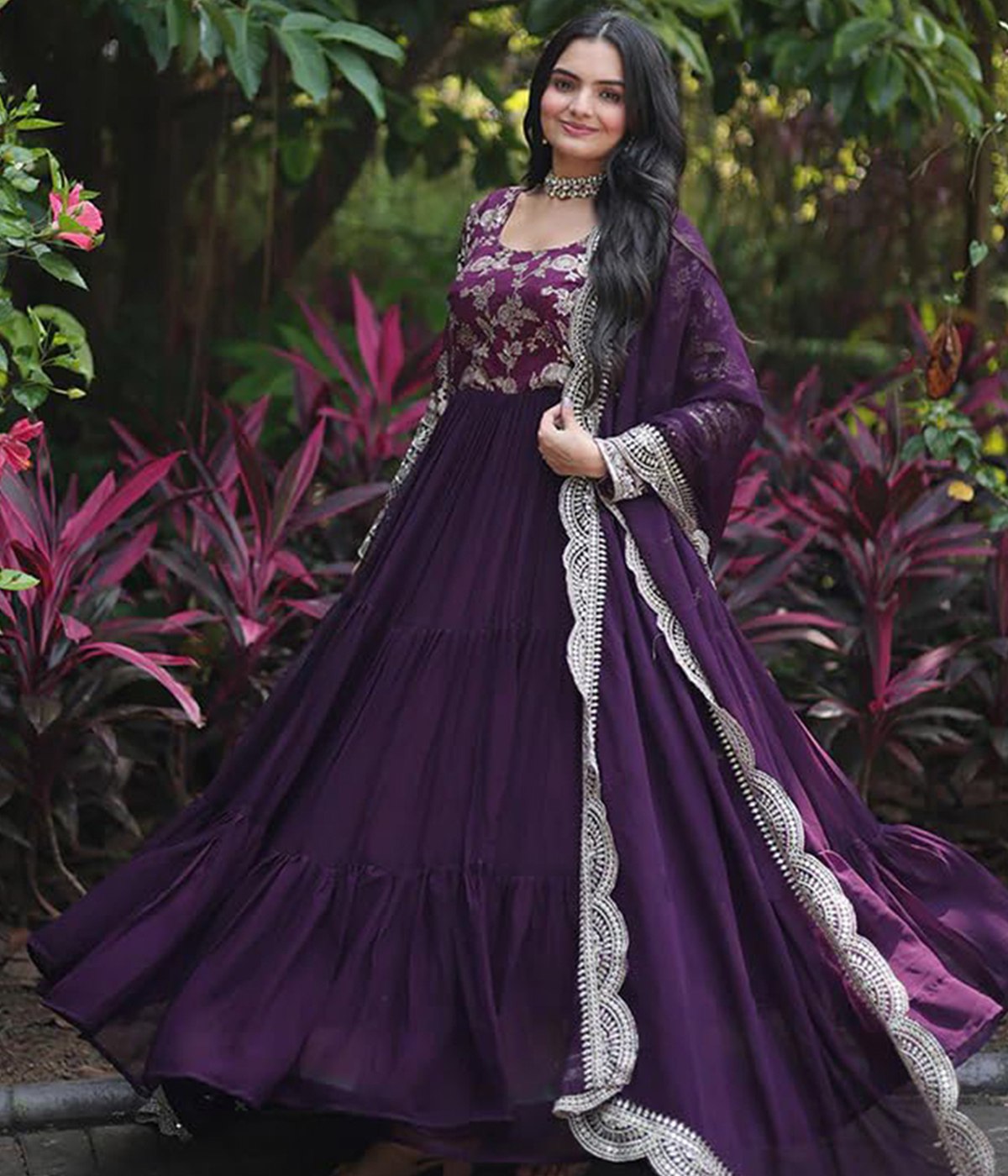 Purple Georgette & Art Silk Embroidered Anarkali Gown with Sequin Lace Dupatta
