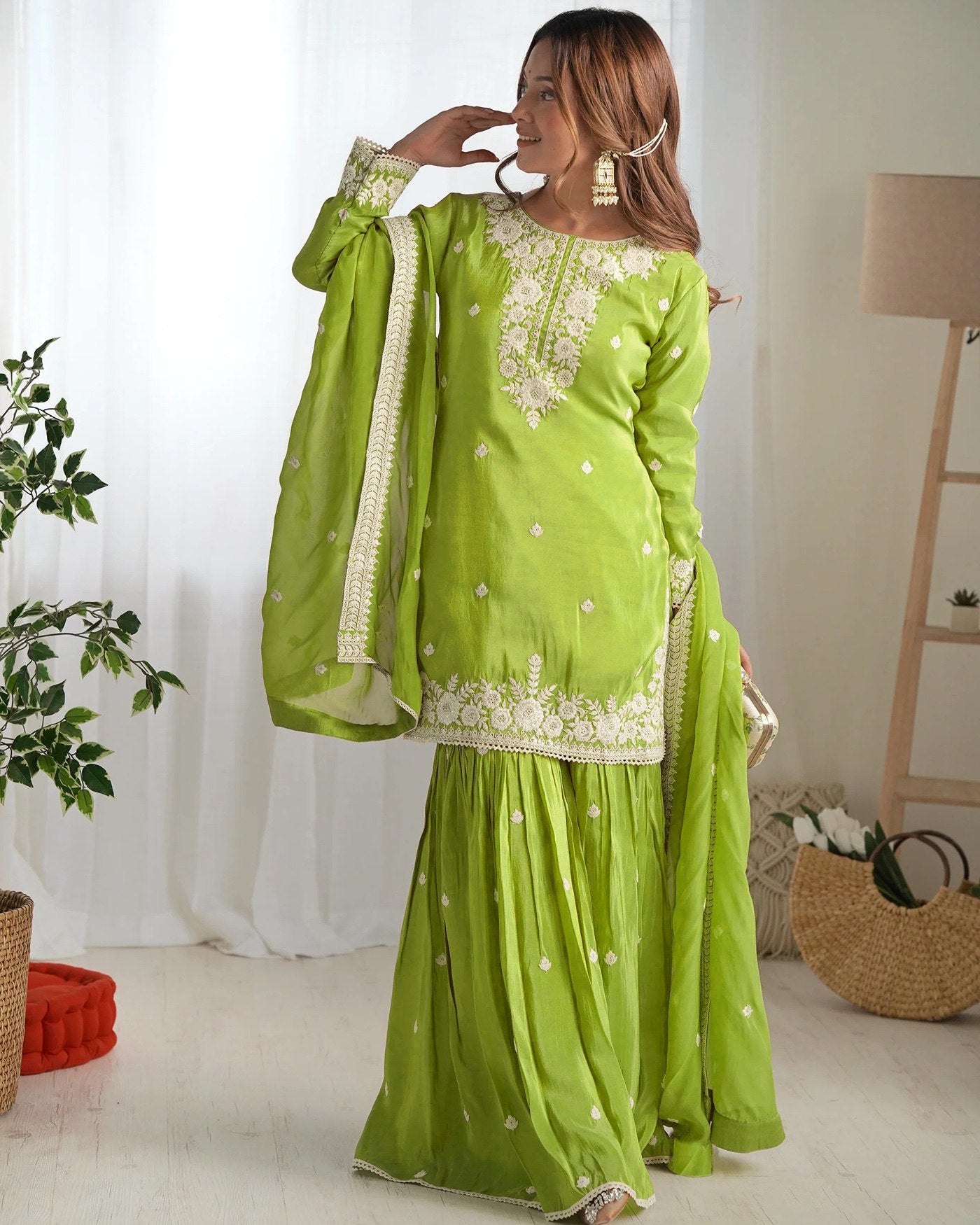 Light Green Embroidered Chinon Kurta Sharara Set with Lace Dupatta – Elegant Festive Wear
