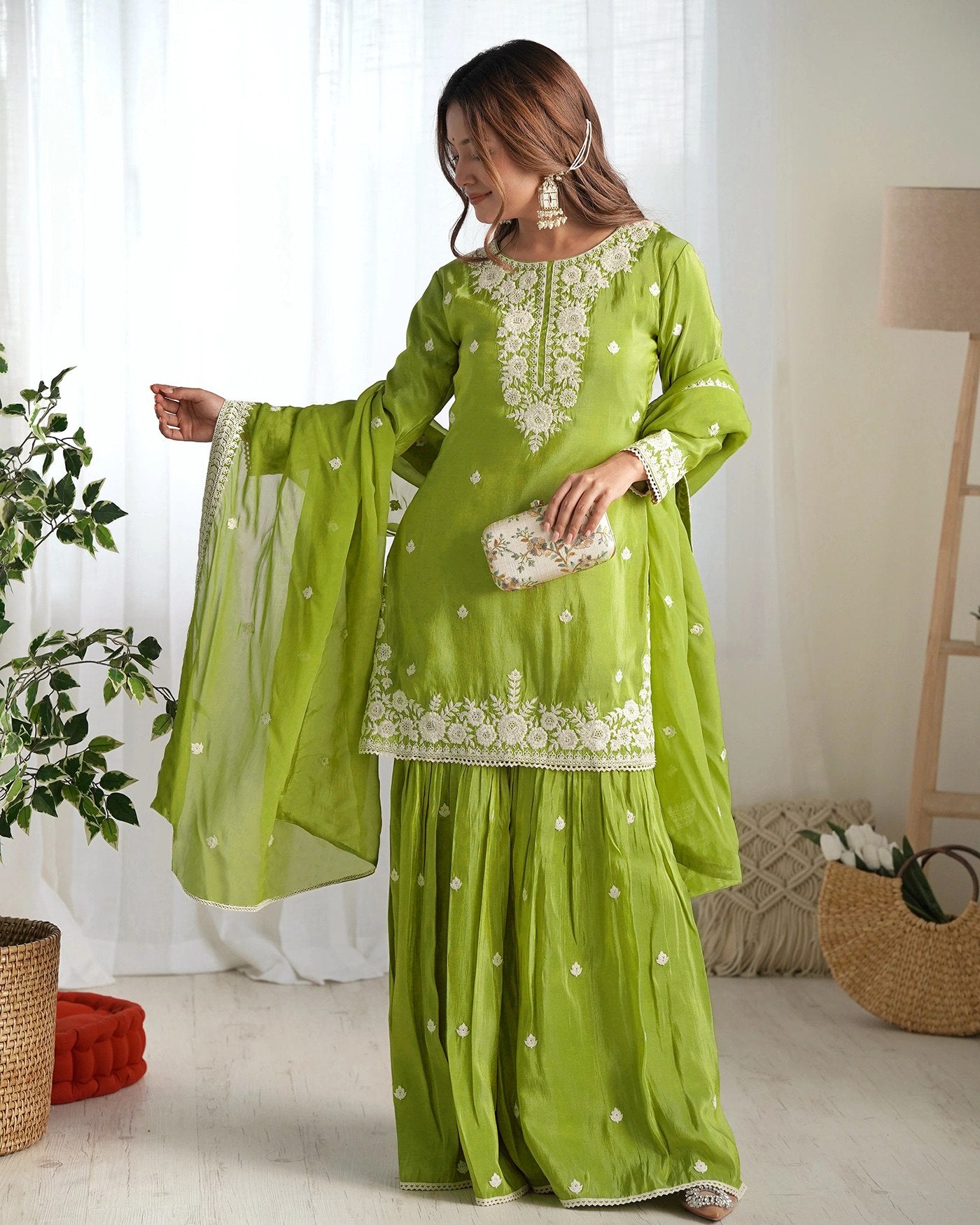 Light Green Embroidered Chinon Kurta Sharara Set with Lace Dupatta – Elegant Festive Wear