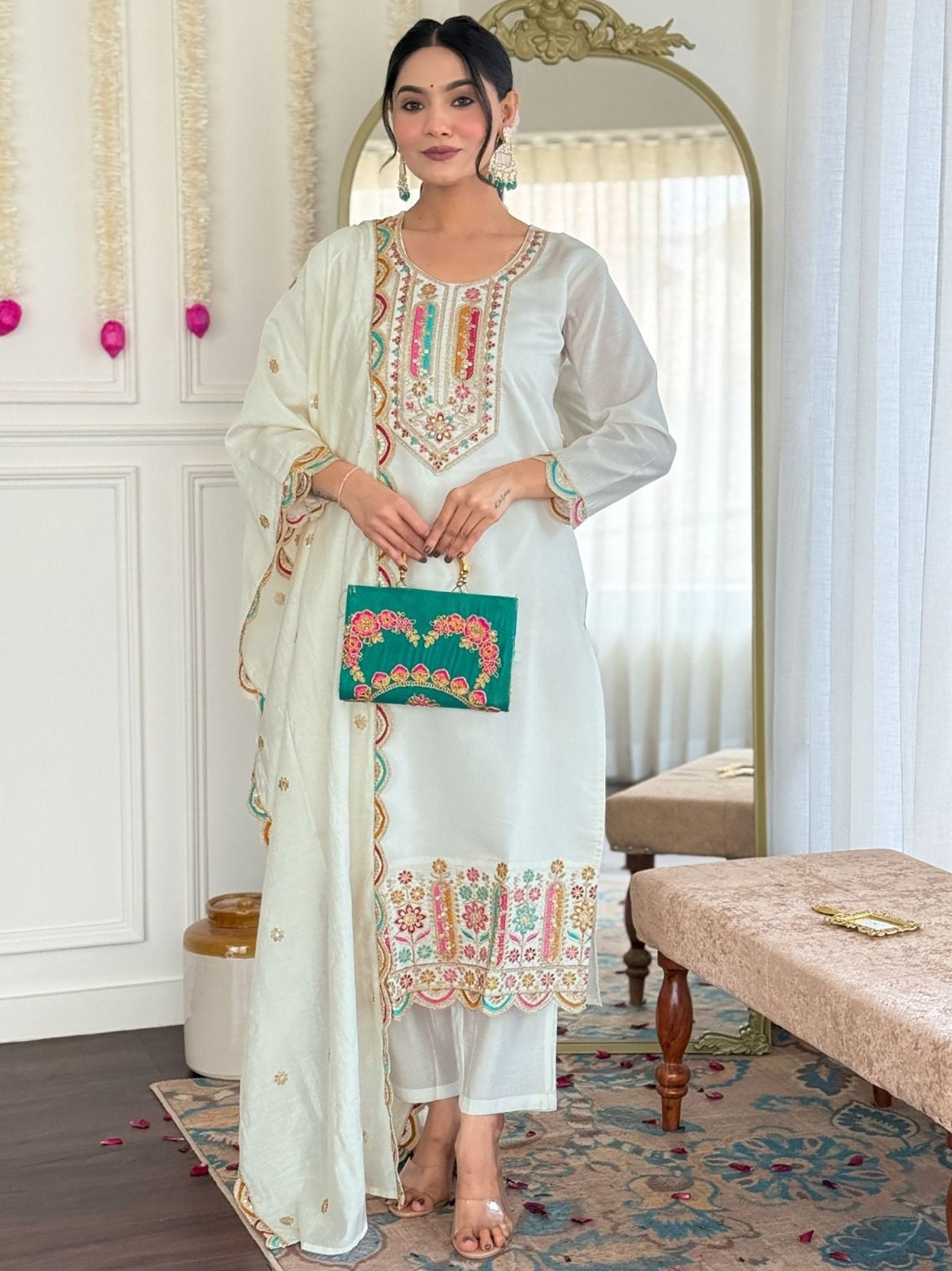 White Embroidered Tesla Kurta Pant Set with Chinon Dupatta – Graceful Ethnic Elegance