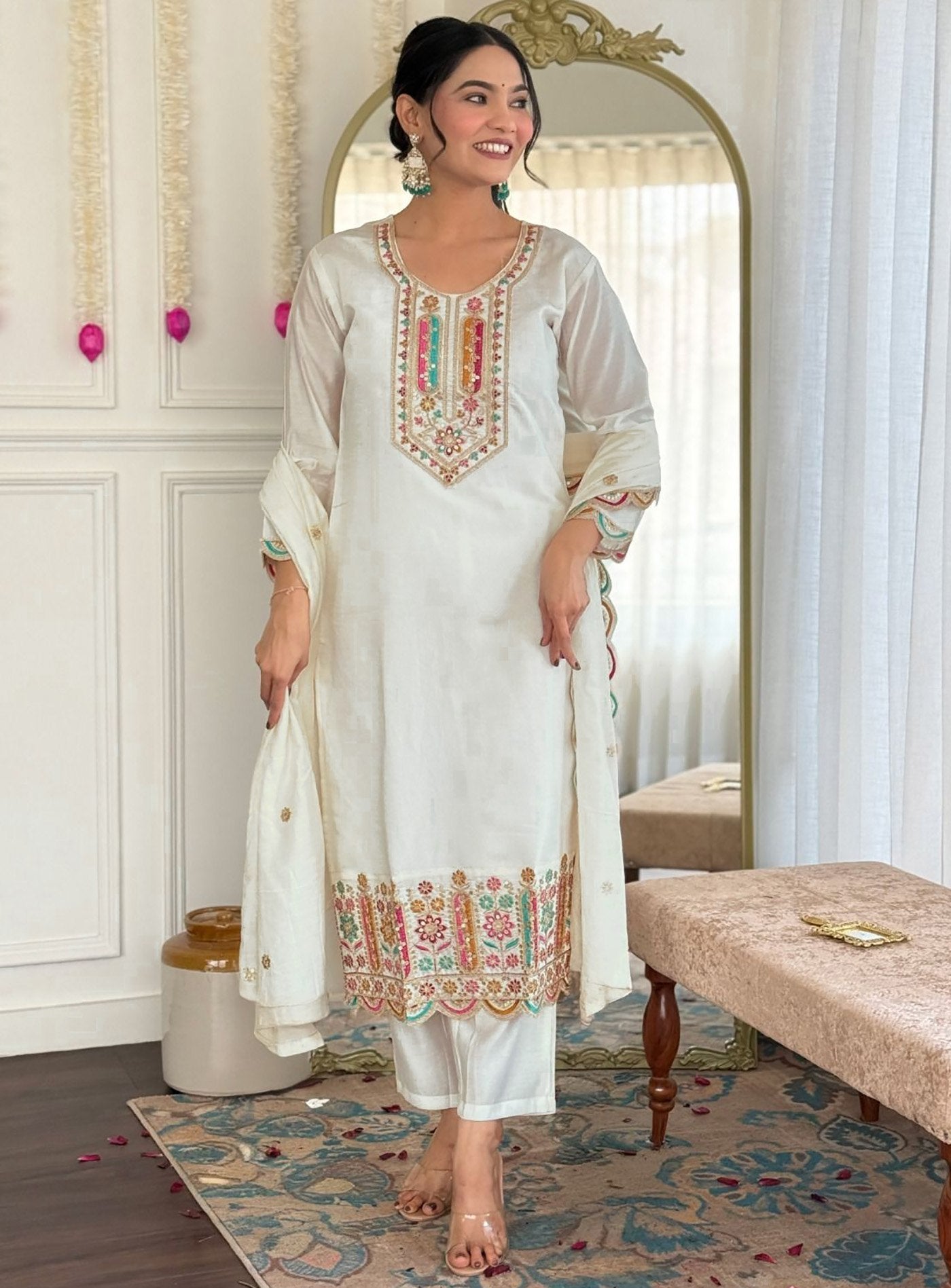 White Embroidered Tesla Kurta Pant Set with Chinon Dupatta – Graceful Ethnic Elegance
