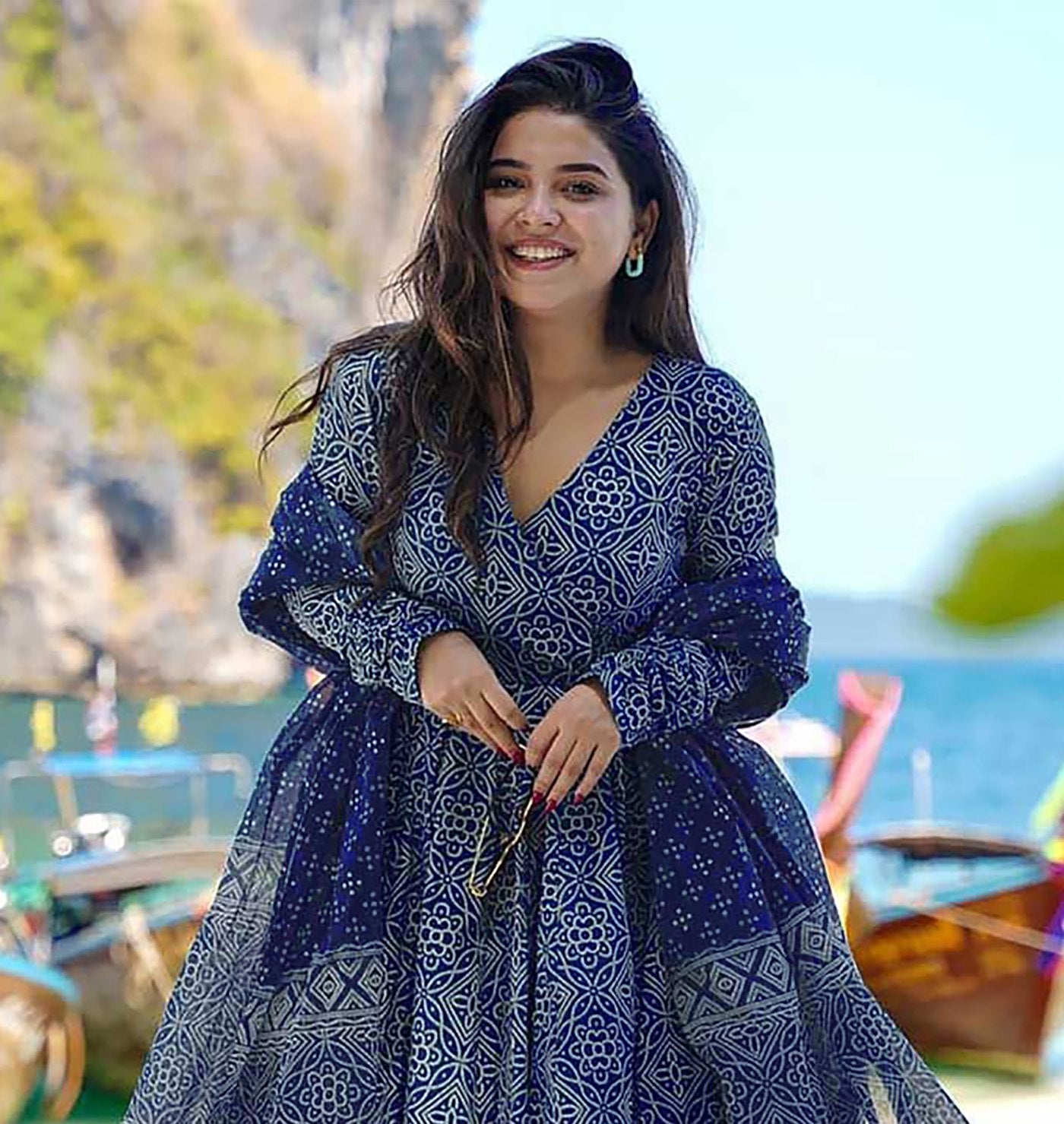 Royal Blue Printed Rayon Anarkali Pant Set with Chanderi Dupatta – Elegant Ethnic Ensemble