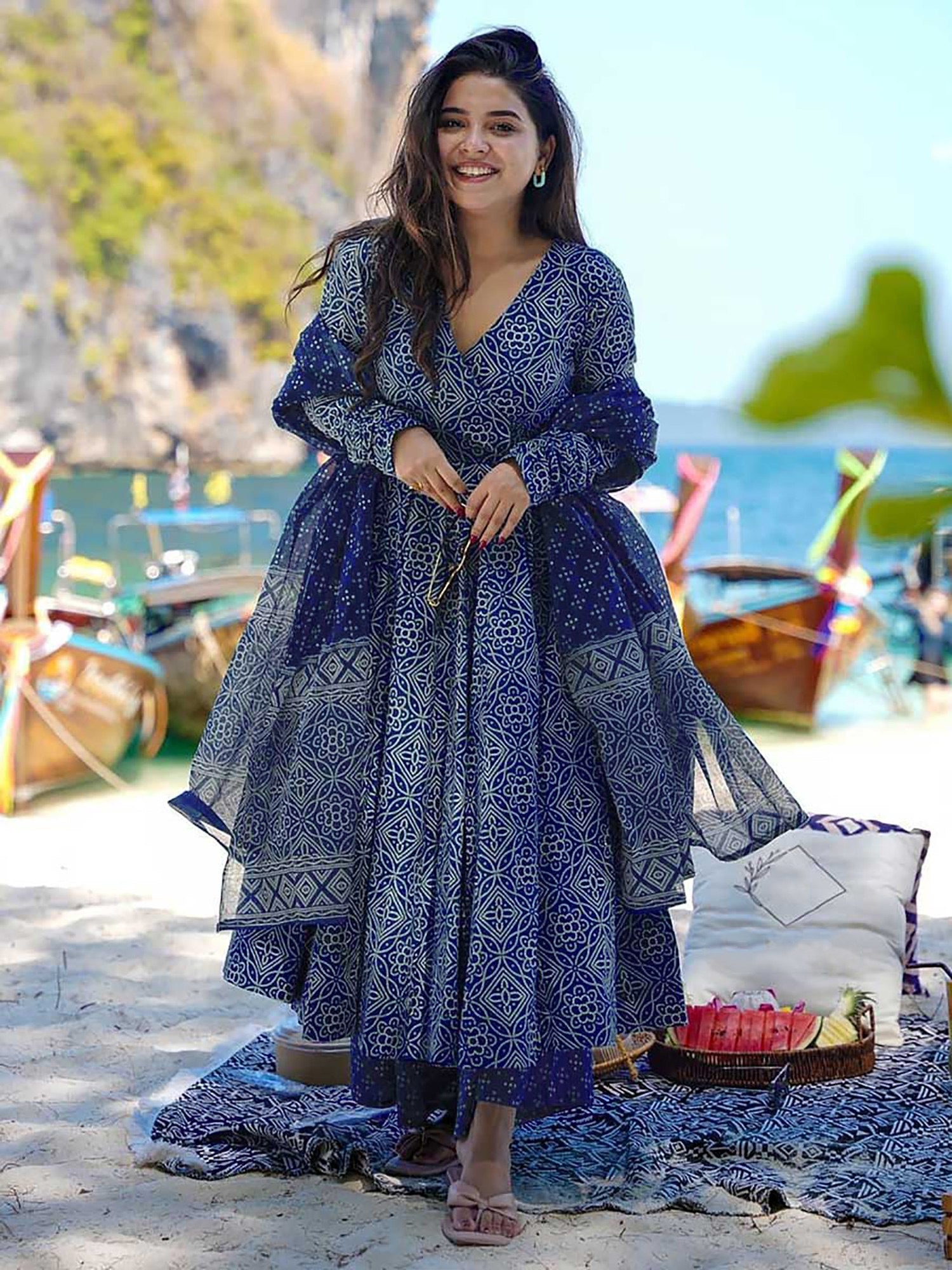 Royal Blue Printed Rayon Anarkali Pant Set with Chanderi Dupatta – Elegant Ethnic Ensemble