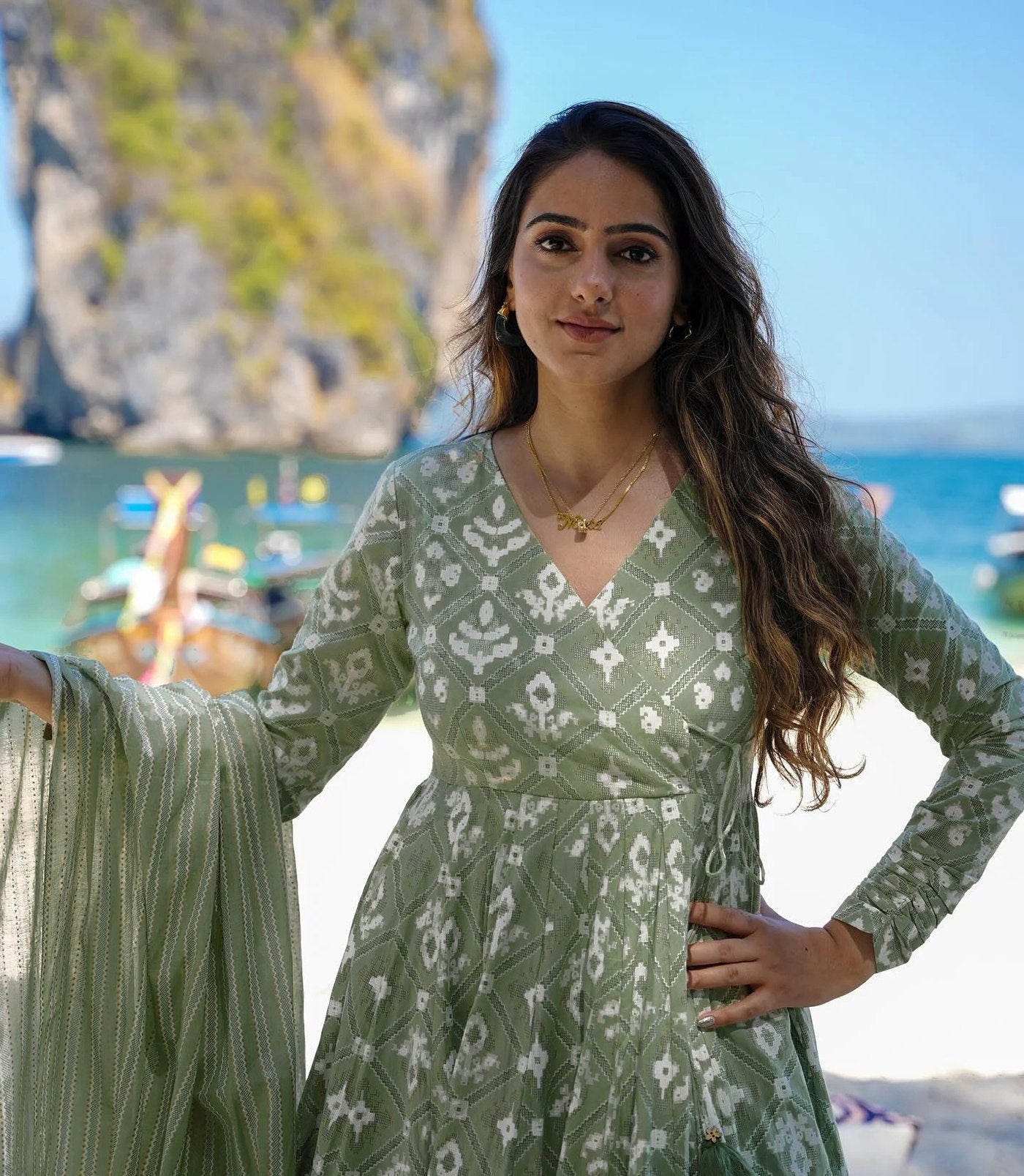 Light Green Rayon Printed Anarkali Kurta Pant with Chanderi Dupatta – Graceful Festive Ethnic Set