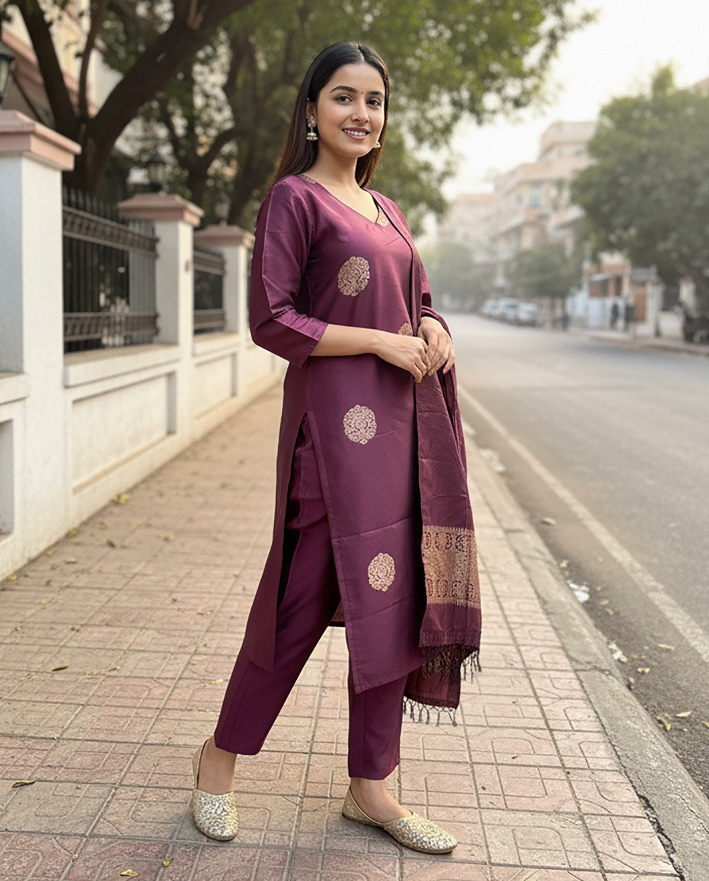 Purple Jacquard Weaving Kurta Pant Dupatta Set – Elegant Ethnic Wear for Festive & Party Occasions