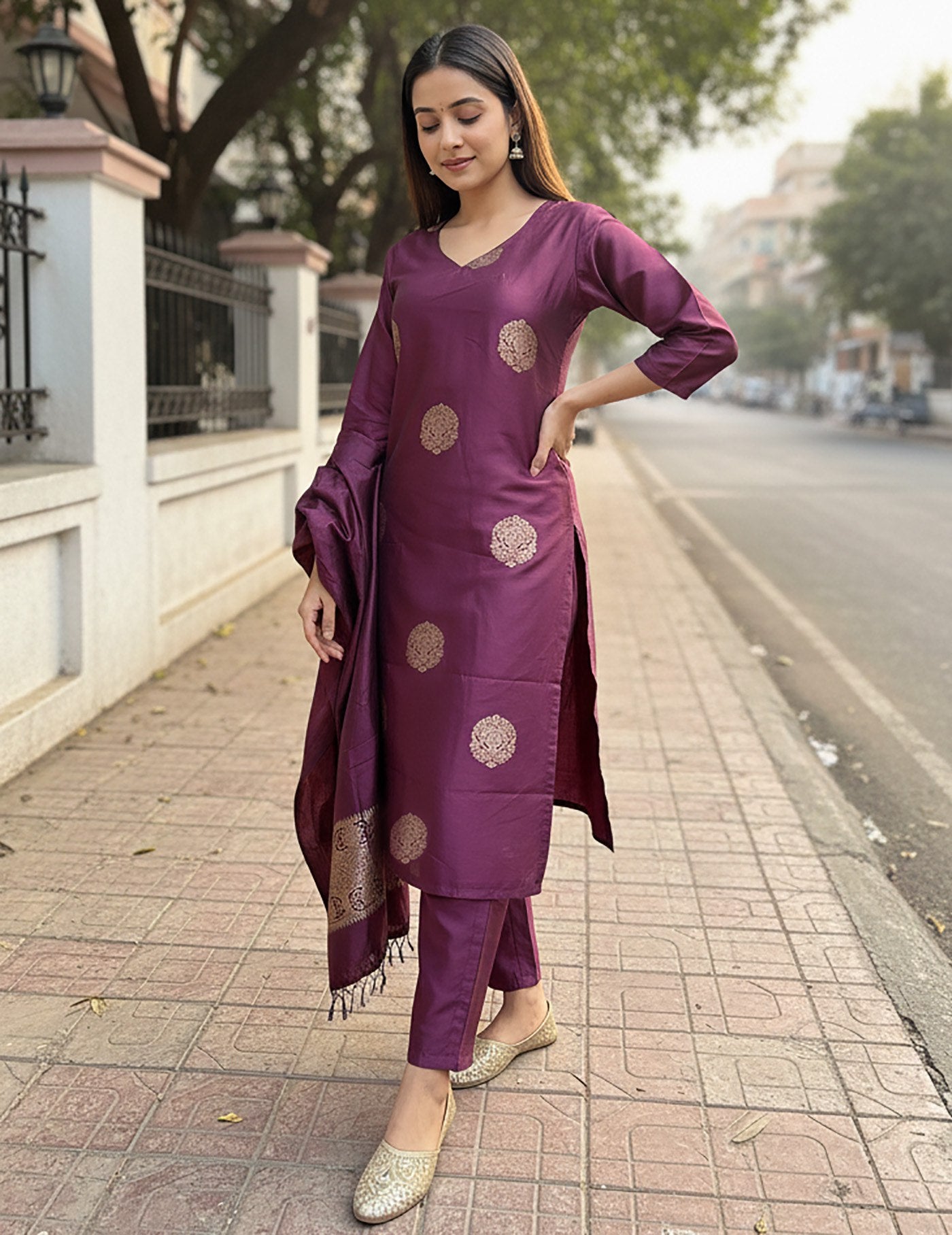 Purple Jacquard Weaving Kurta Pant Dupatta Set – Elegant Ethnic Wear for Festive & Party Occasions