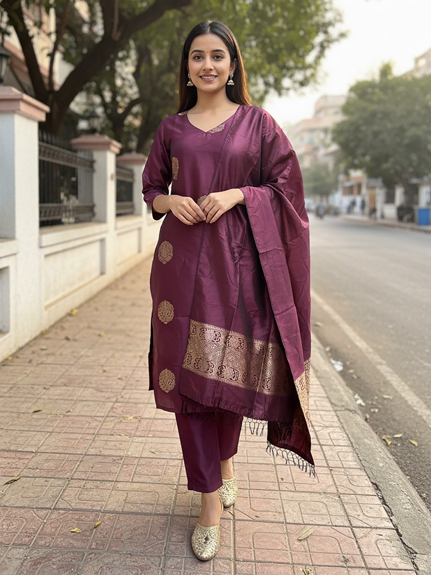 Purple Jacquard Weaving Kurta Pant Dupatta Set – Elegant Ethnic Wear for Festive & Party Occasions