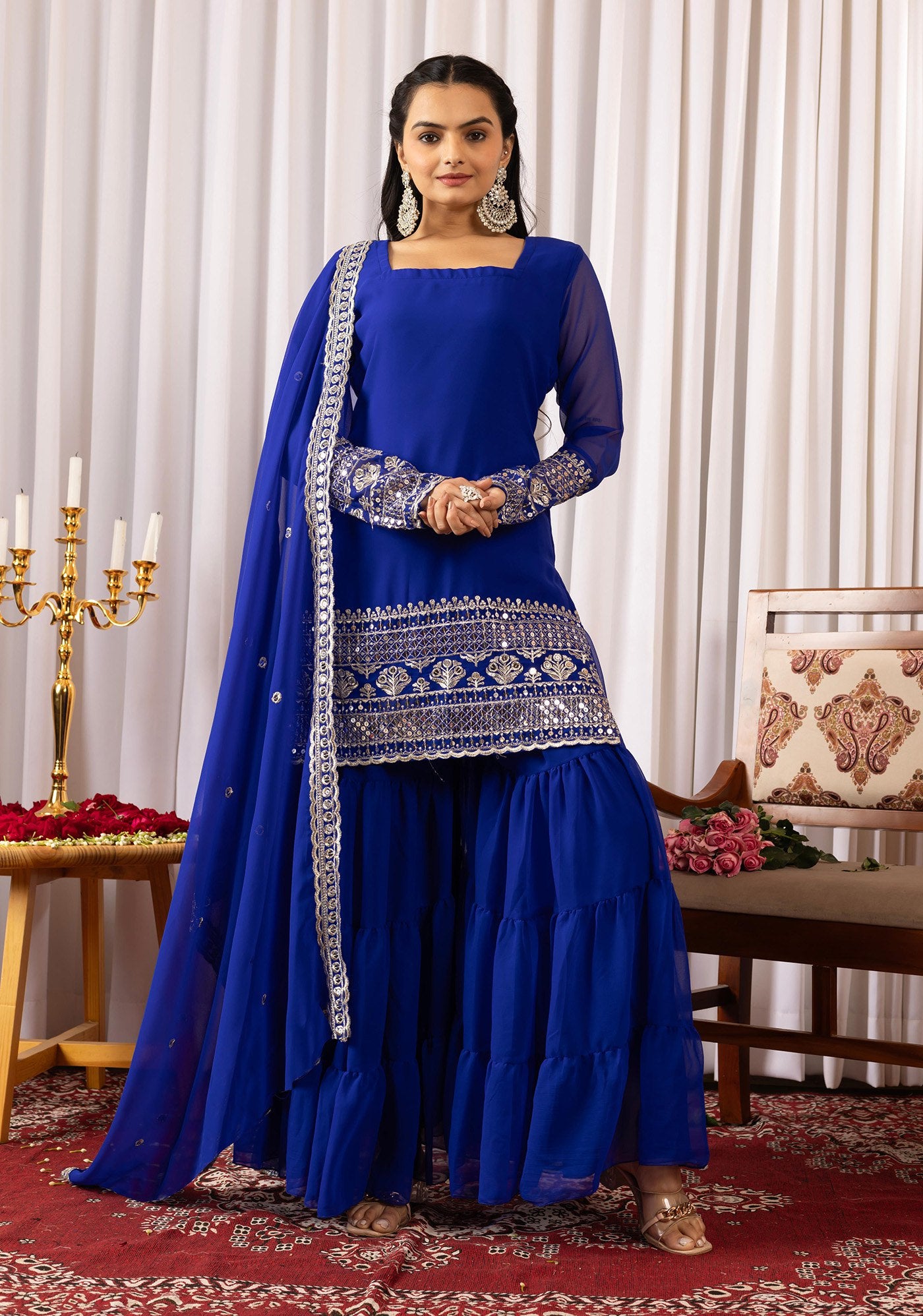 Royal Blue Georgette Embroidered Pakiza Sharara Suit with Dupatta – Elegant Festive & Party Wear Set