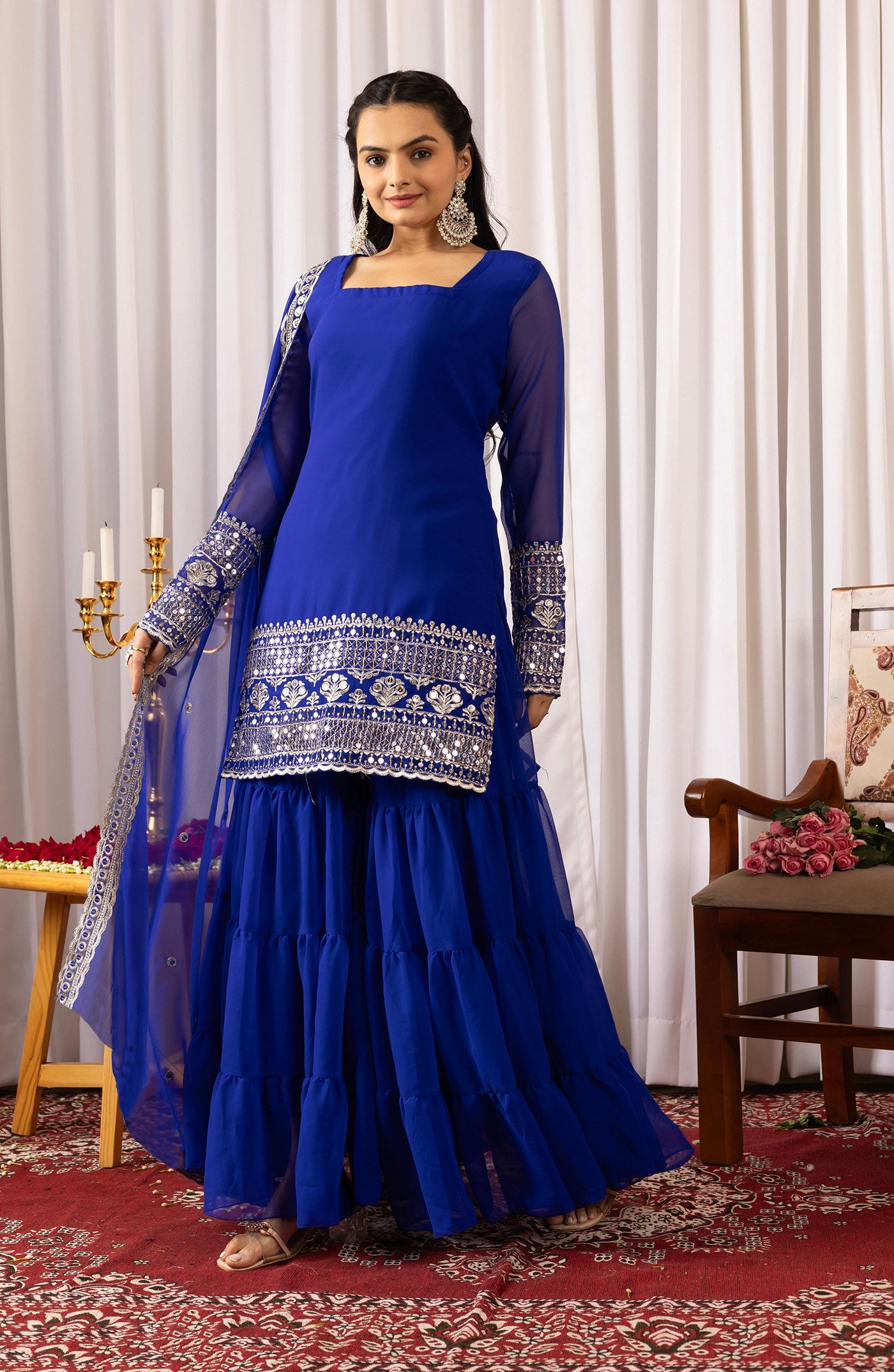 Royal Blue Georgette Embroidered Pakiza Sharara Suit with Dupatta – Elegant Festive & Party Wear Set