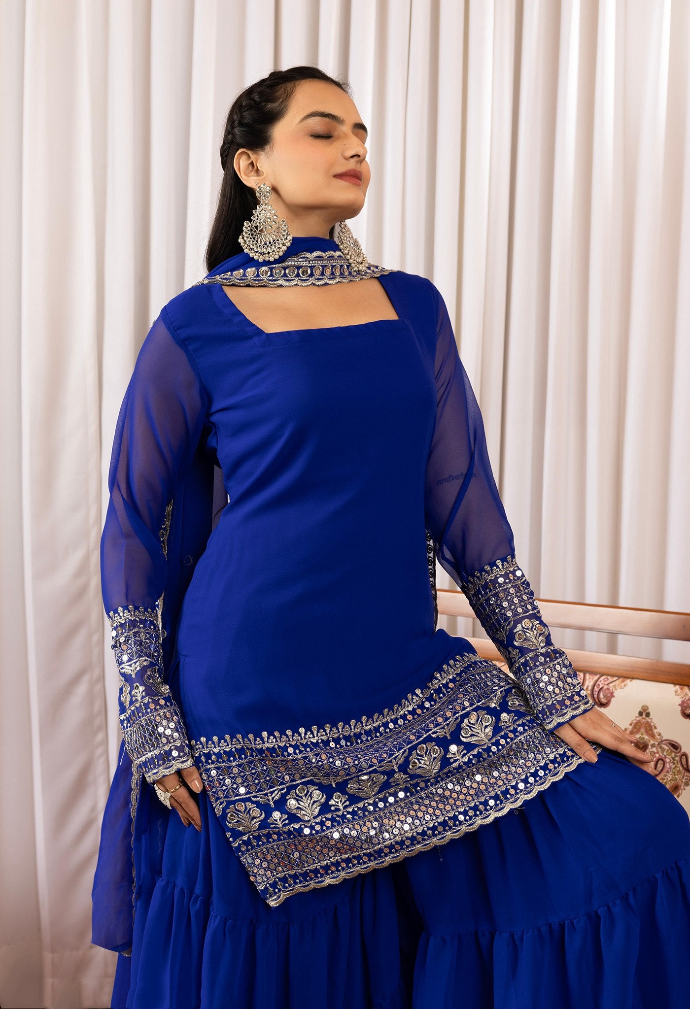 Royal Blue Georgette Embroidered Pakiza Sharara Suit with Dupatta – Elegant Festive & Party Wear Set