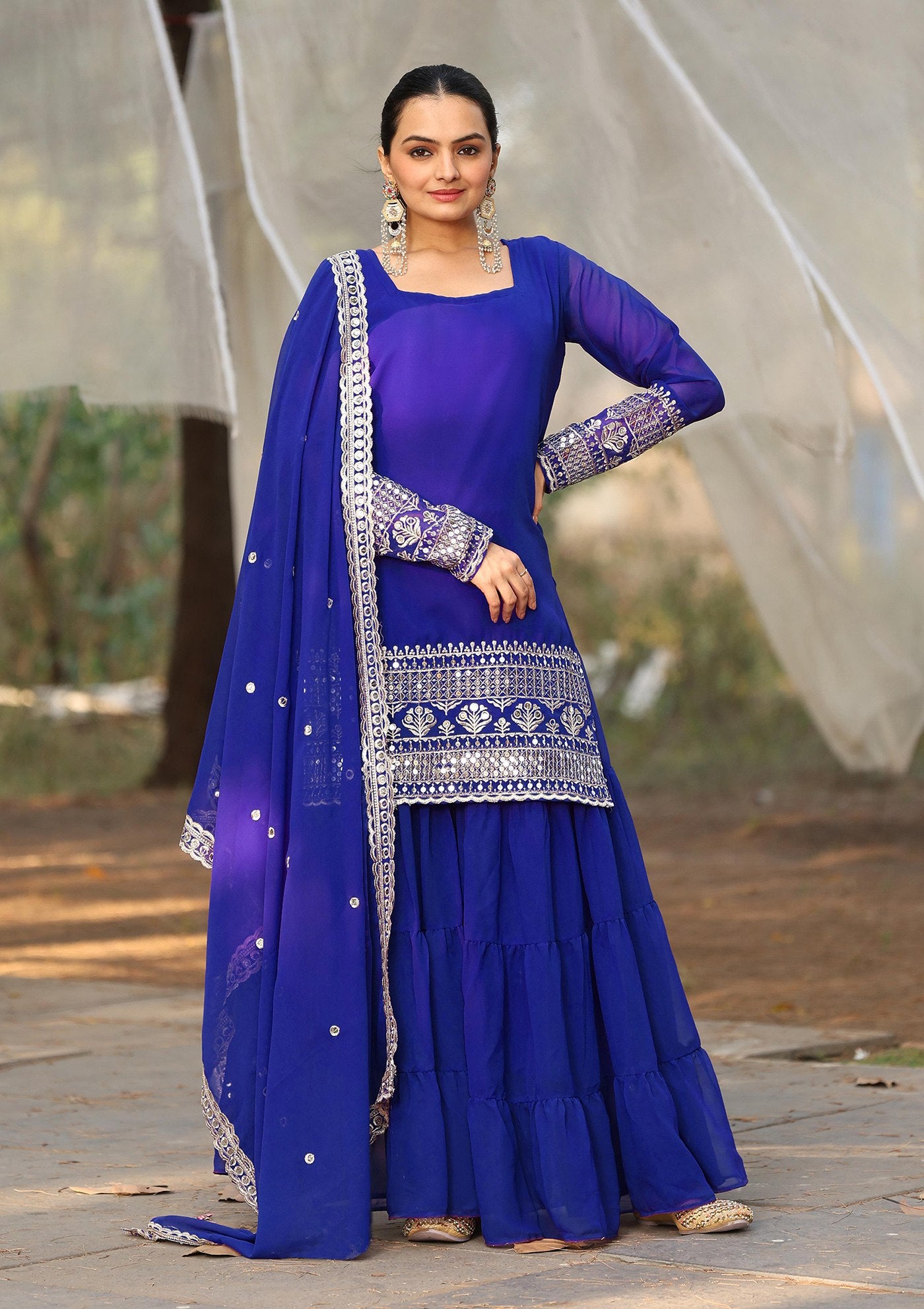 Royal Blue Georgette Embroidered Pakiza Sharara Suit with Dupatta – Elegant Festive & Party Wear Set
