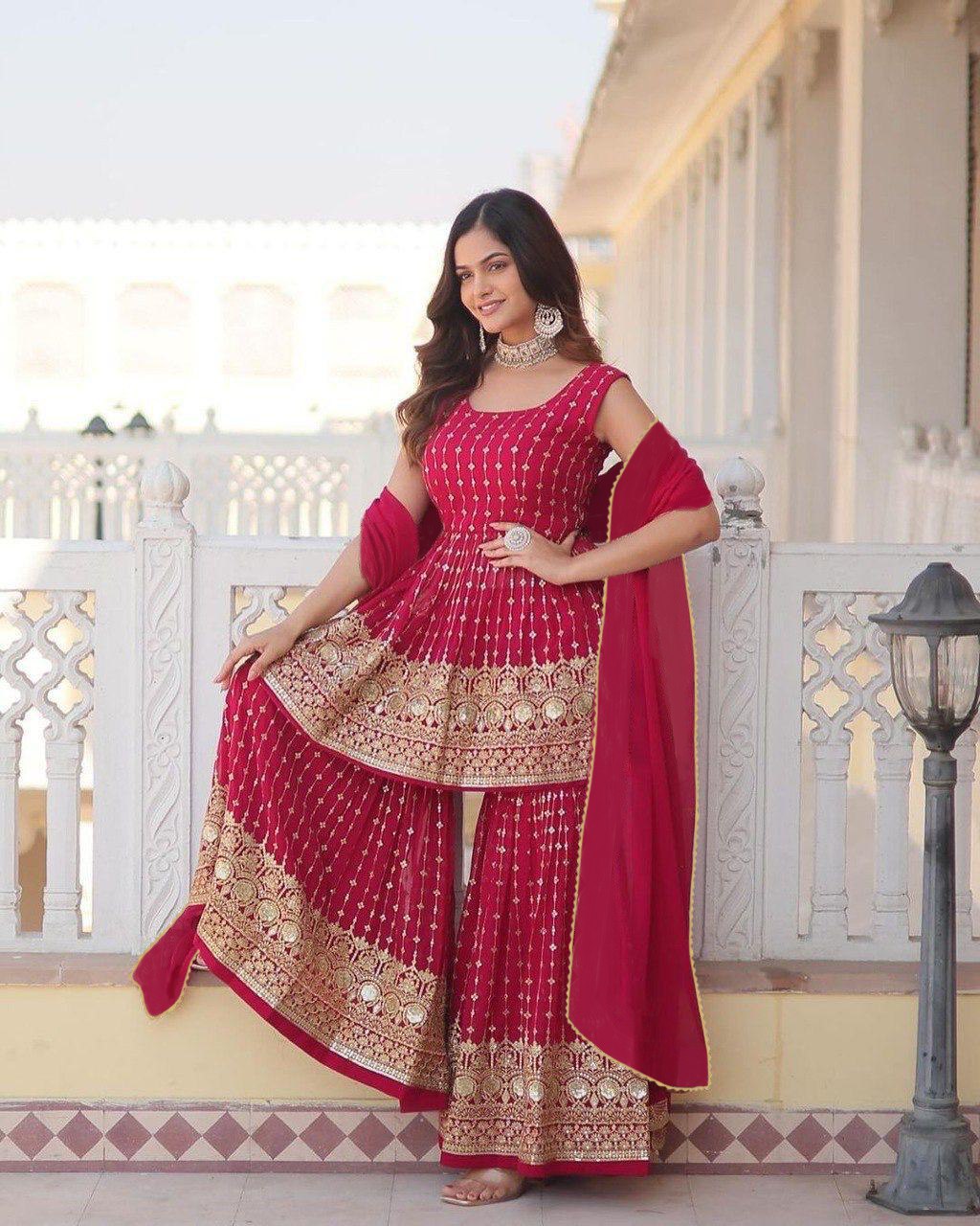 Elegant Pink Georgette Embroidered Sharara Set with Dupatta – Festive & Party Wear Outfit