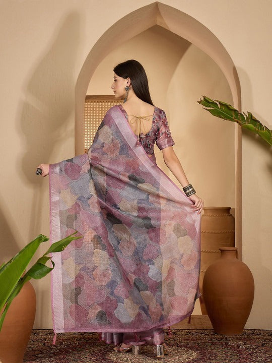 Lavender Leaf Digital Print Linen Cotton Saree with Designer Blouse – Elegant Festive Wear by Jiprostore