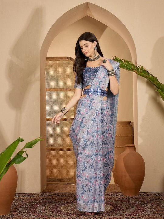 Misty Blue Floral Digital Print Linen Cotton Saree with Designer Blouse – Graceful Ethnic Elegance by Jiprostore