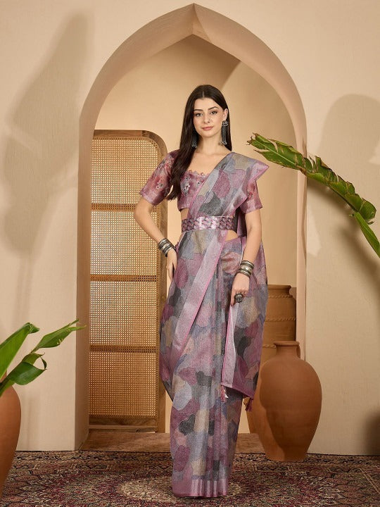 Lavender Leaf Digital Print Linen Cotton Saree with Designer Blouse – Elegant Festive Wear by Jiprostore