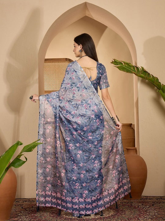 Misty Blue Floral Digital Print Linen Cotton Saree with Designer Blouse – Graceful Ethnic Elegance by Jiprostore