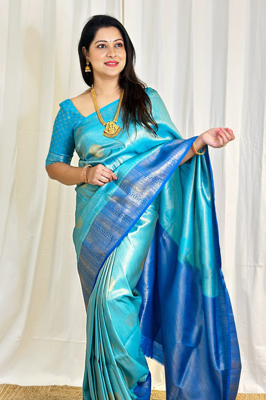 Confounding Firozi Soft Silk Saree With Sempiternal Blouse Piece