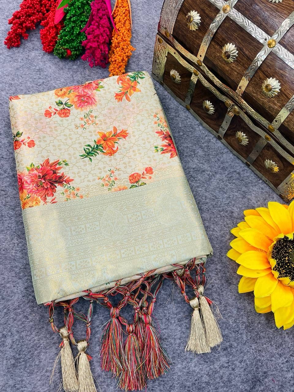 Sensational Beige Digital Printed Soft Silk Saree With Precious Blouse Piece