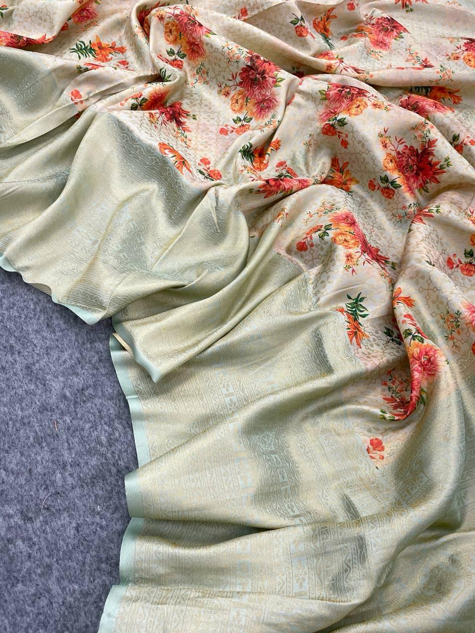 Sensational Beige Digital Printed Soft Silk Saree With Precious Blouse Piece