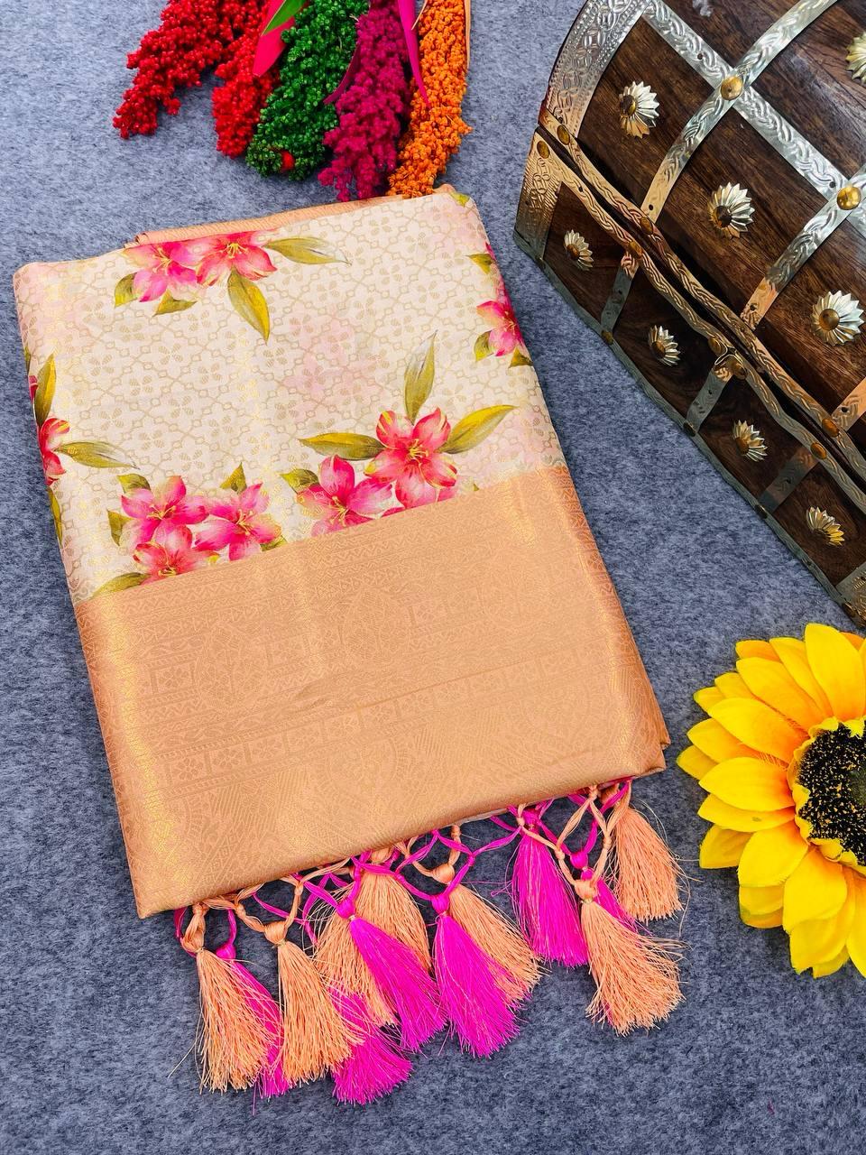 Sophisticated Beige Digital Printed Soft Silk Saree With Designer Blouse Piece