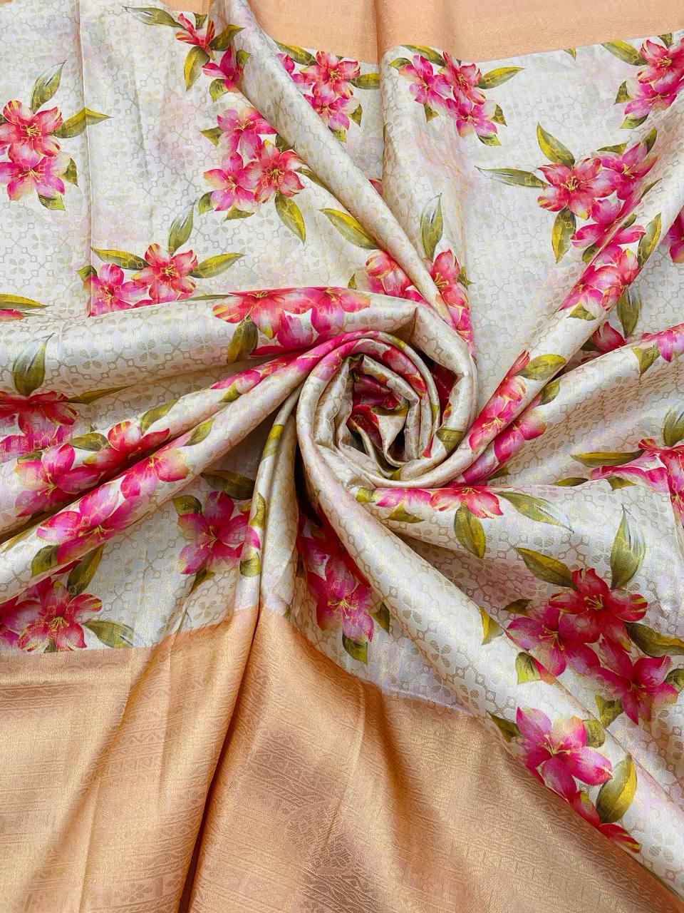 Sophisticated Beige Digital Printed Soft Silk Saree With Designer Blouse Piece