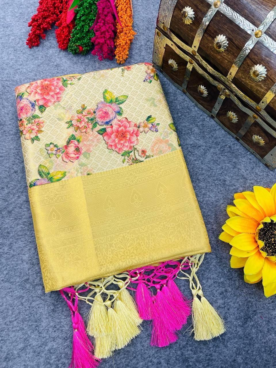 Refreshing Beige Digital Printed Soft Silk Saree With Marvellous Blouse Piece