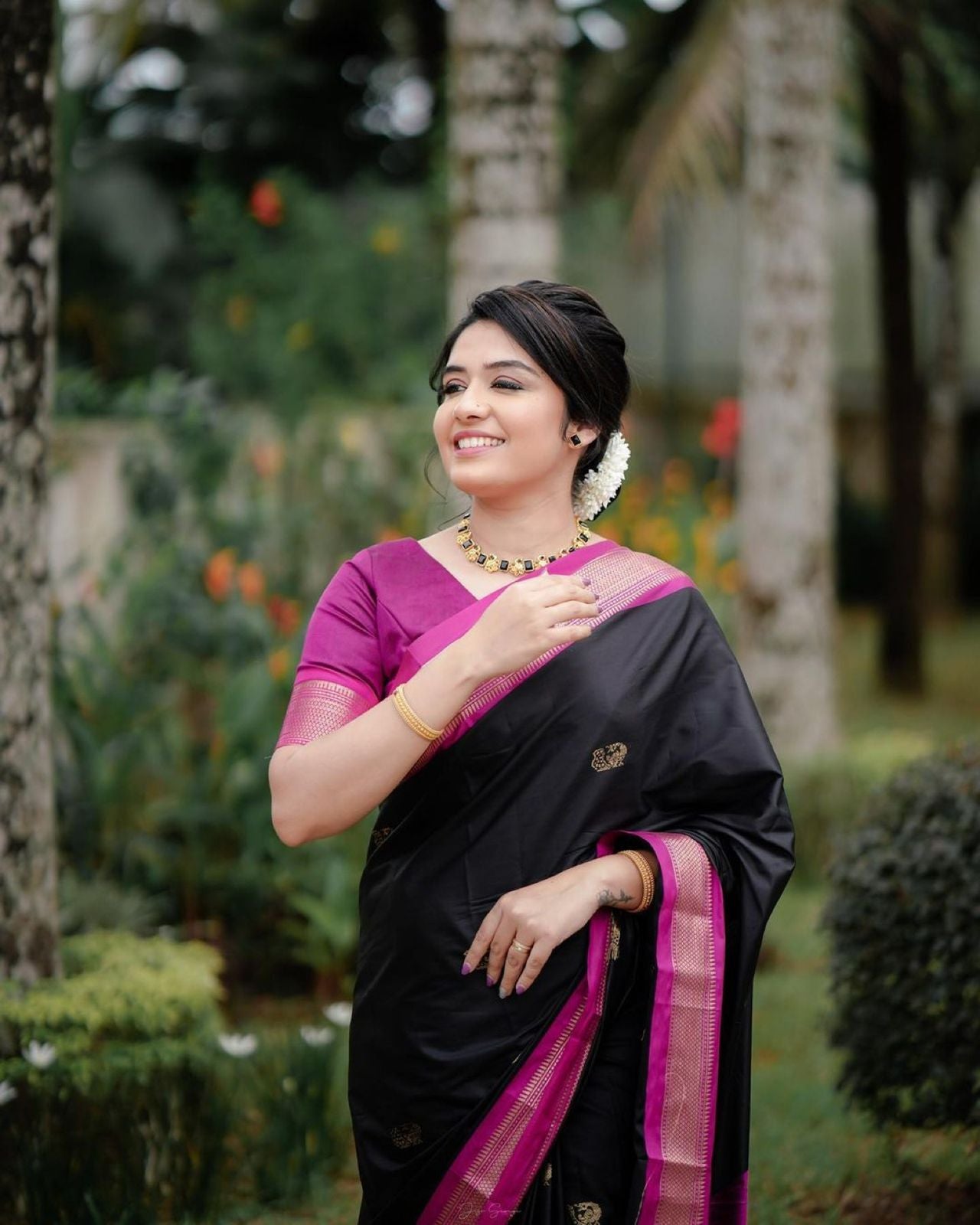 Beautiful Black Soft Banarasi Silk Saree With Girlish Blouse Piece