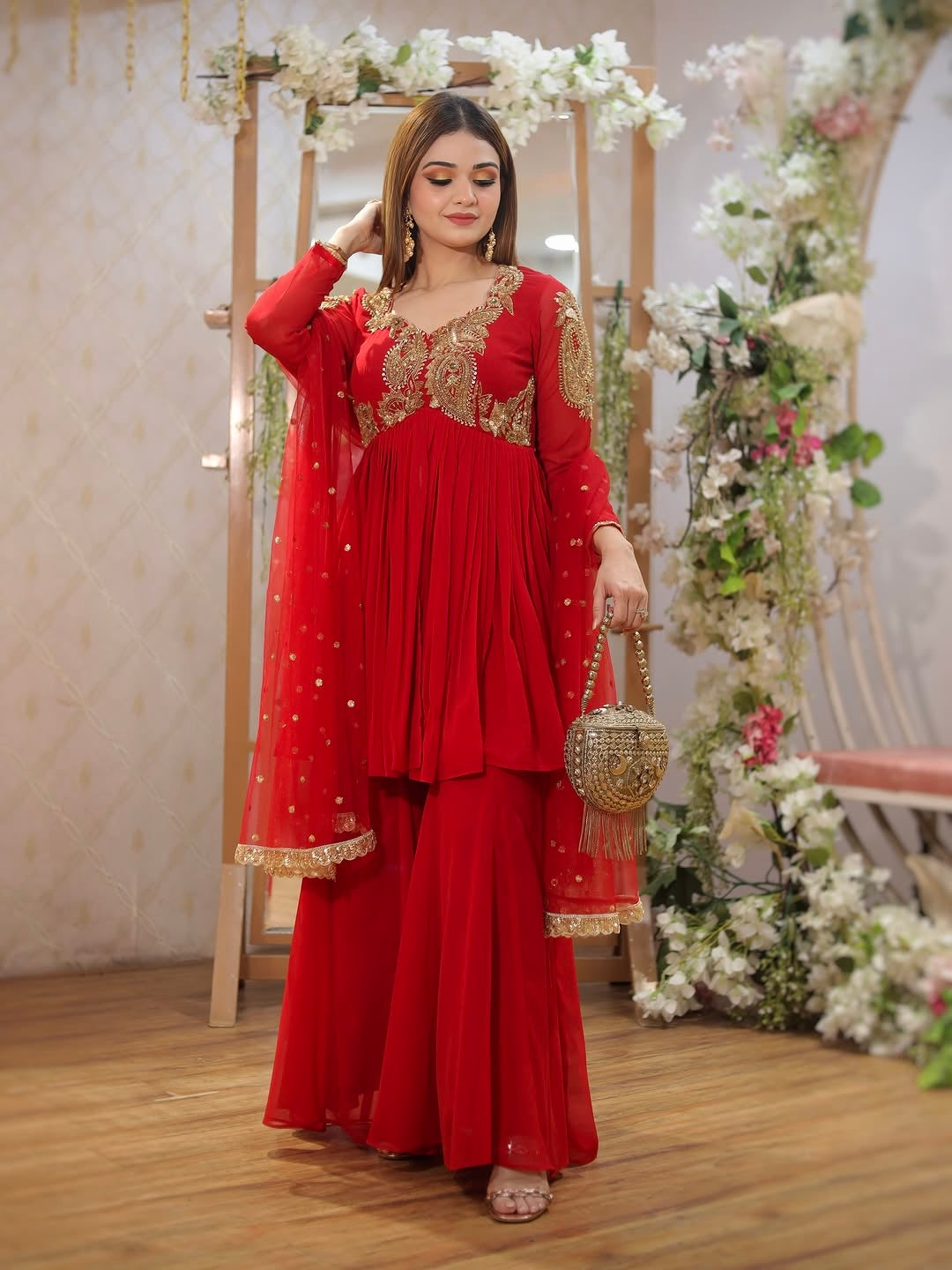 Red Embroidered Fox Georgette Sharara Set with Dupatta – Fully Stitched
