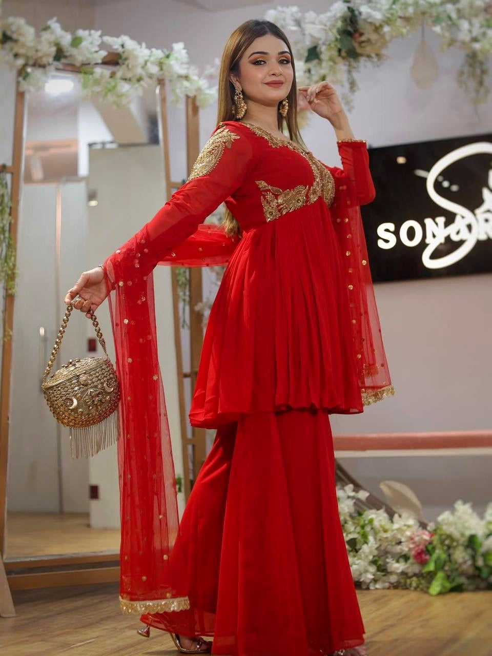 Red Embroidered Fox Georgette Sharara Set with Dupatta – Fully Stitched