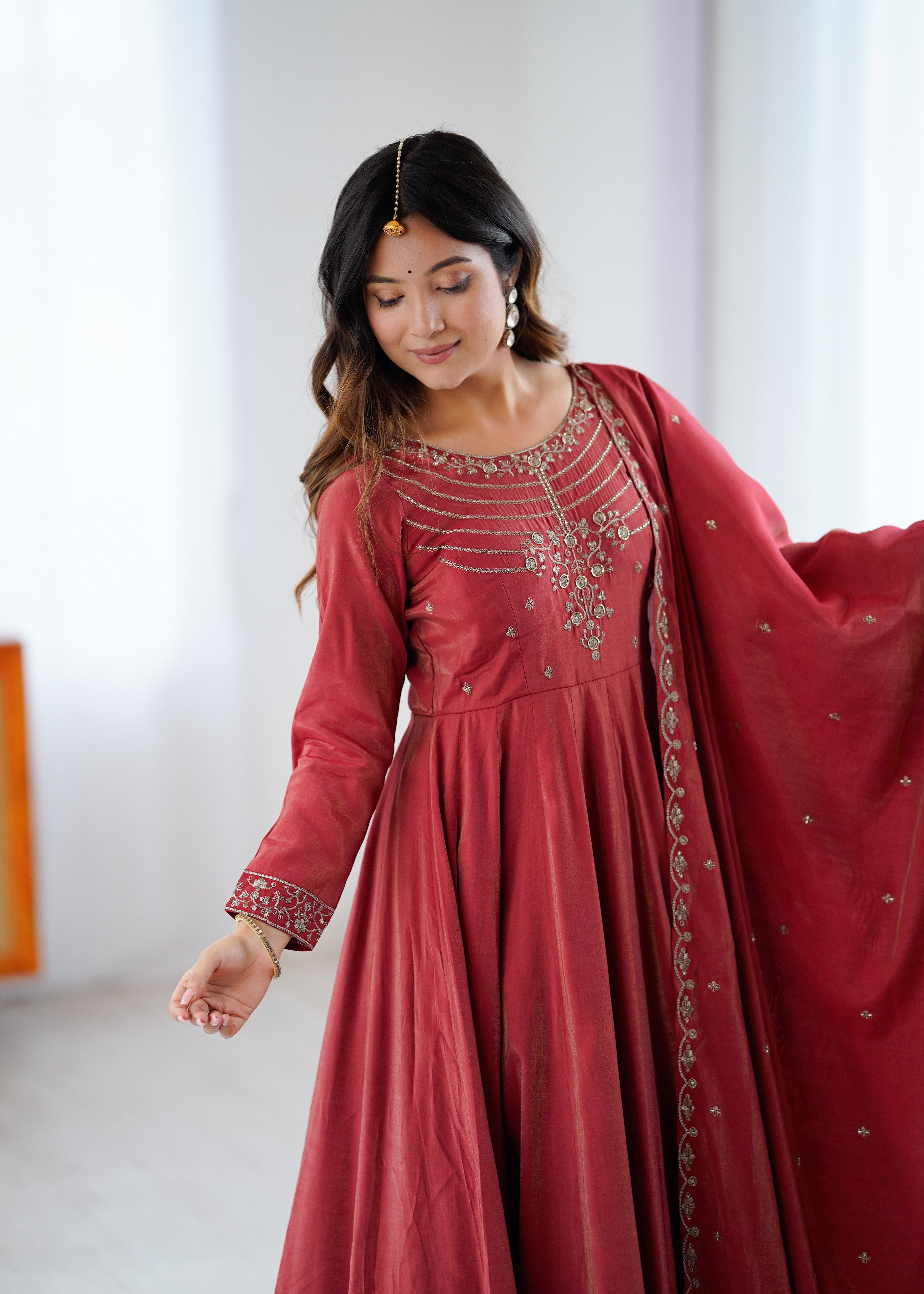 Maroon Roman Shimmer Chanderi Silk Anarkali Suit Set
