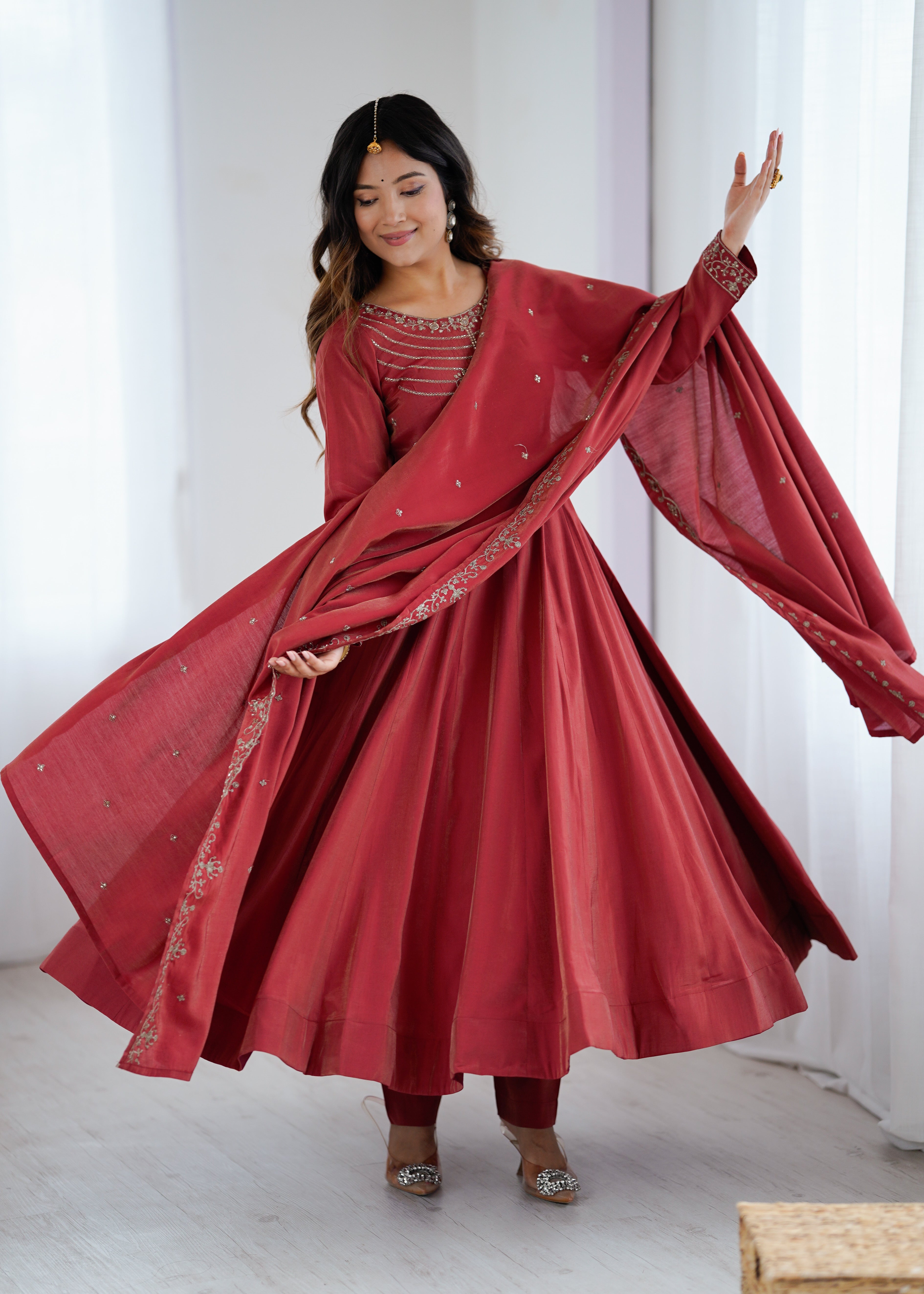 Maroon Roman Shimmer Chanderi Silk Anarkali Suit Set